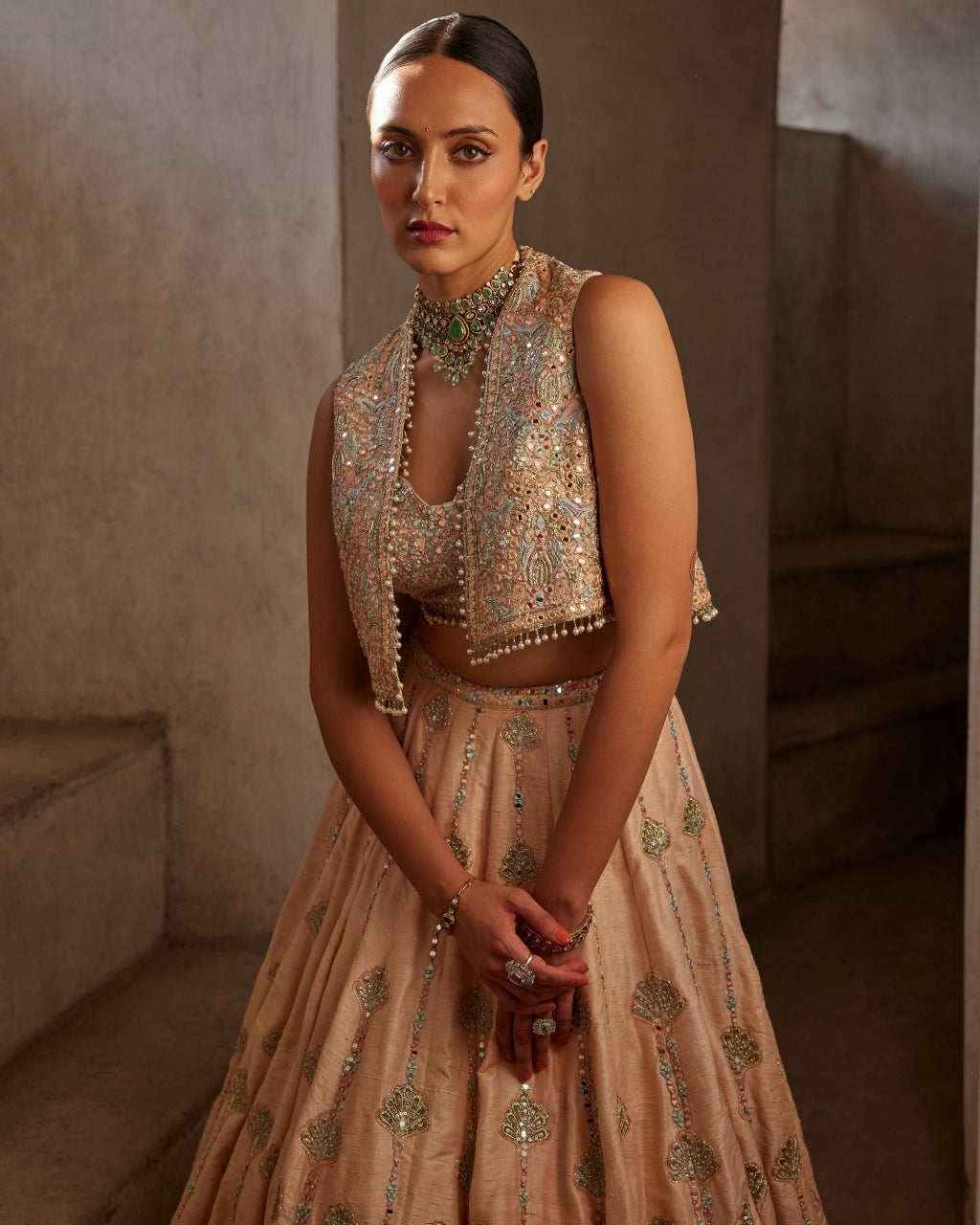 Peach Lehenga With Short Jacket Set