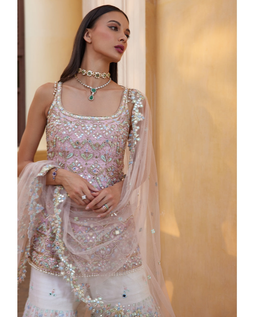 Ivory And Rose Pink Mirror Gharara Set