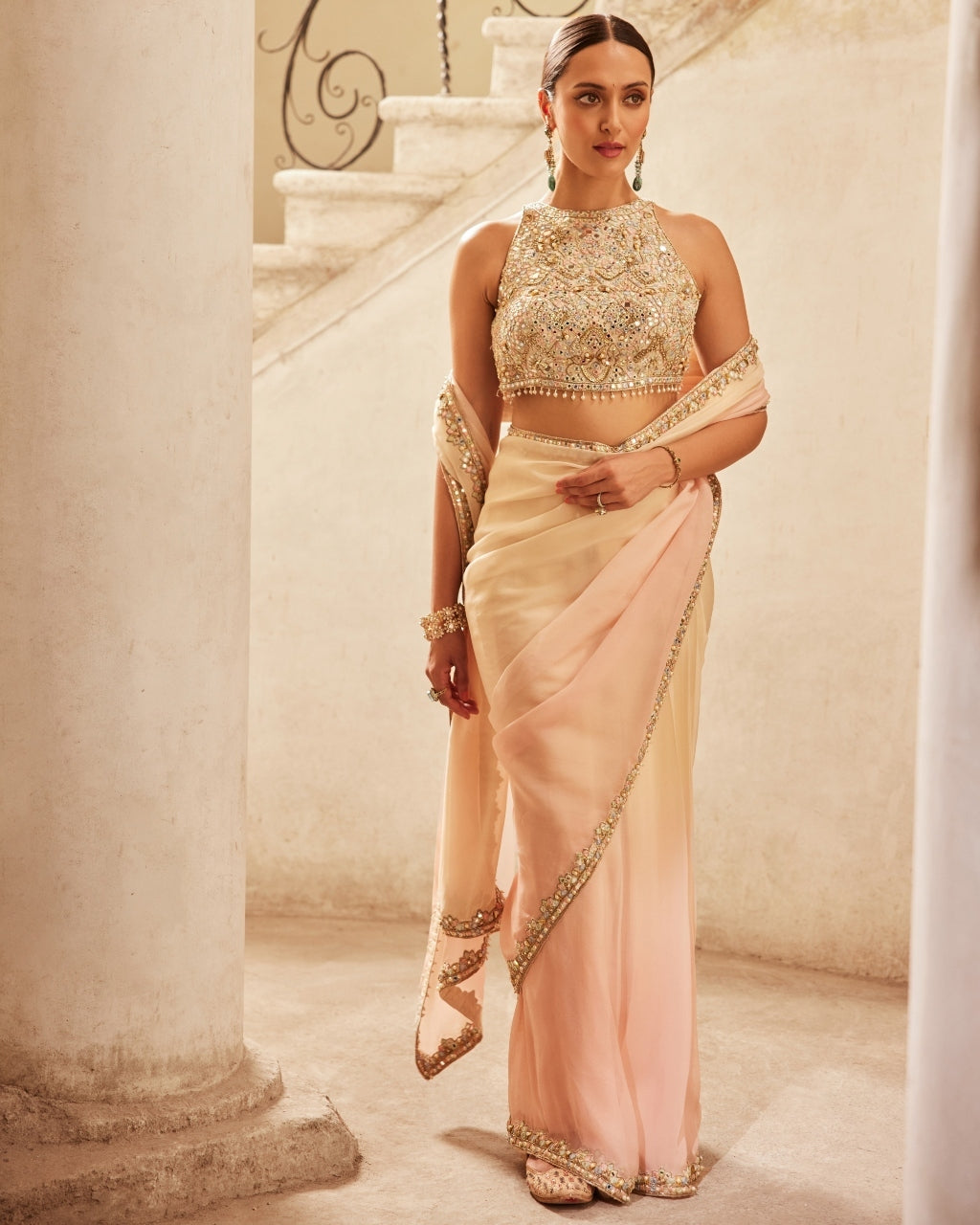 Pink Ivory Ombre Organza Sari Set