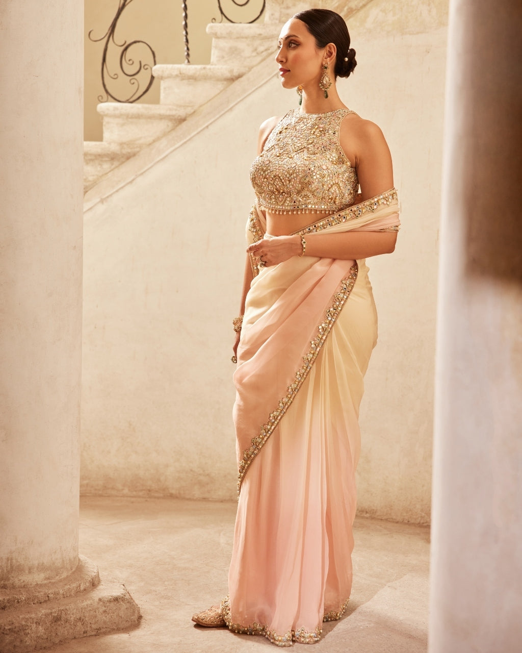 Pink Ivory Ombre Organza Sari Set