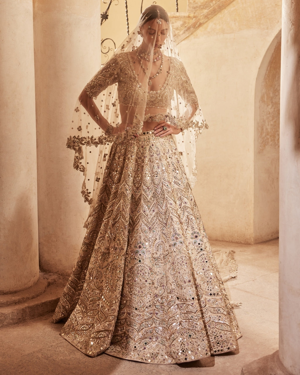 Champagne Raw Silk Mirror Lehenga Set