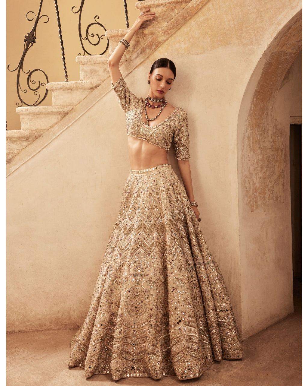 Champagne Raw Silk Mirror Lehenga Set