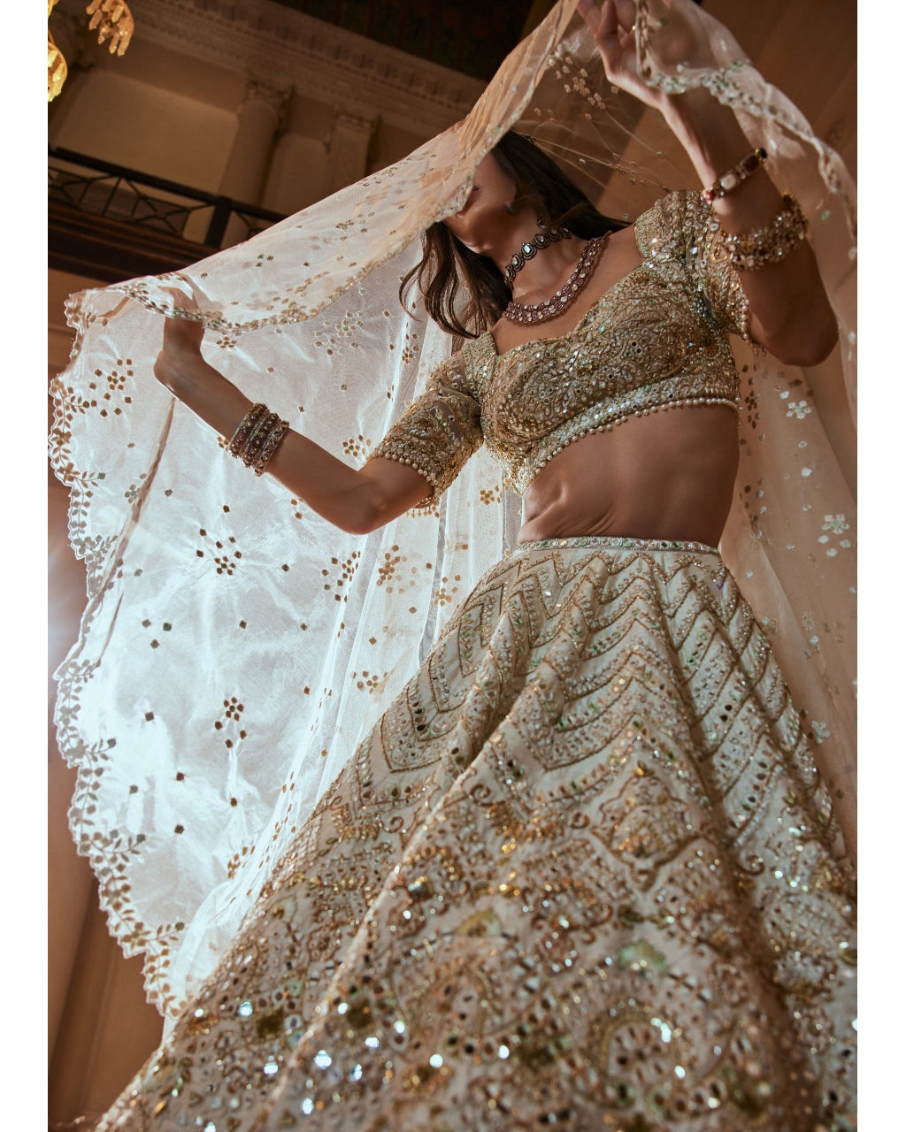 Cream And Green Highlighting Lehenga Set