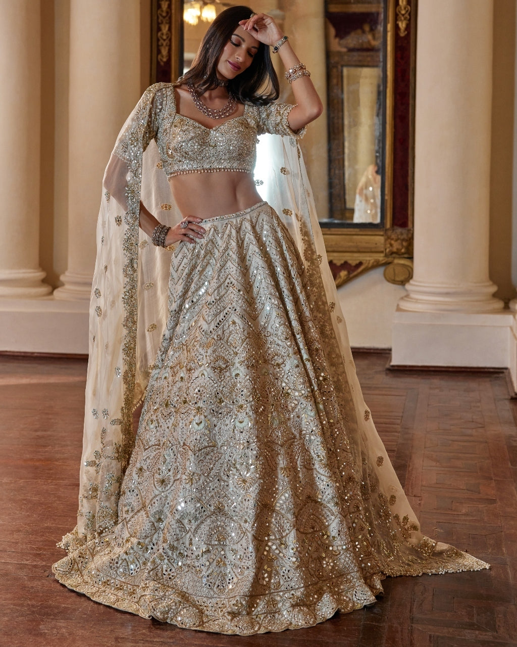 Cream And Green Highlighting Lehenga Set