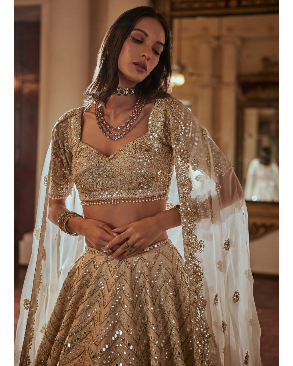 Cream And Green Highlighting Lehenga Set