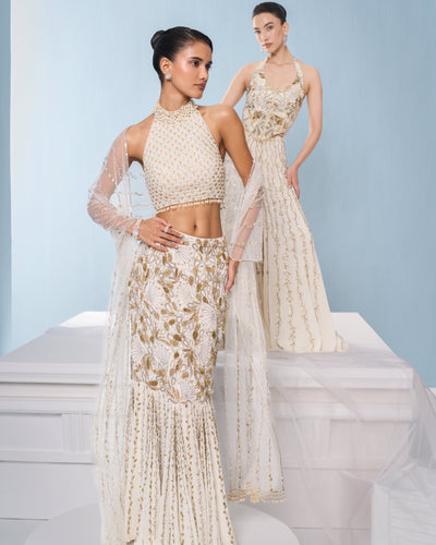 Ivory Georgette Fit And Flare Lehenga Set