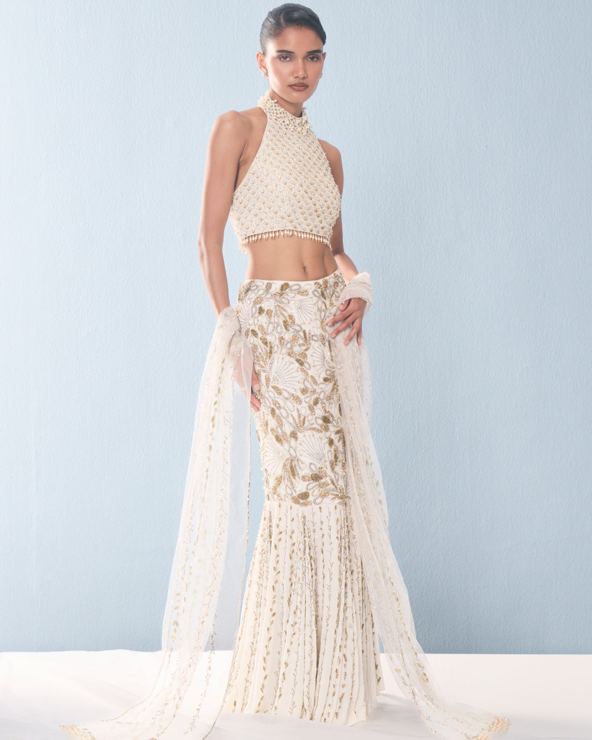 Ivory Georgette Fit And Flare Lehenga Set