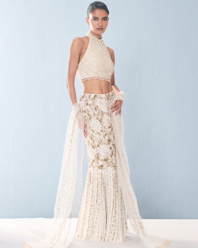Ivory Georgette Fit And Flare Lehenga Set