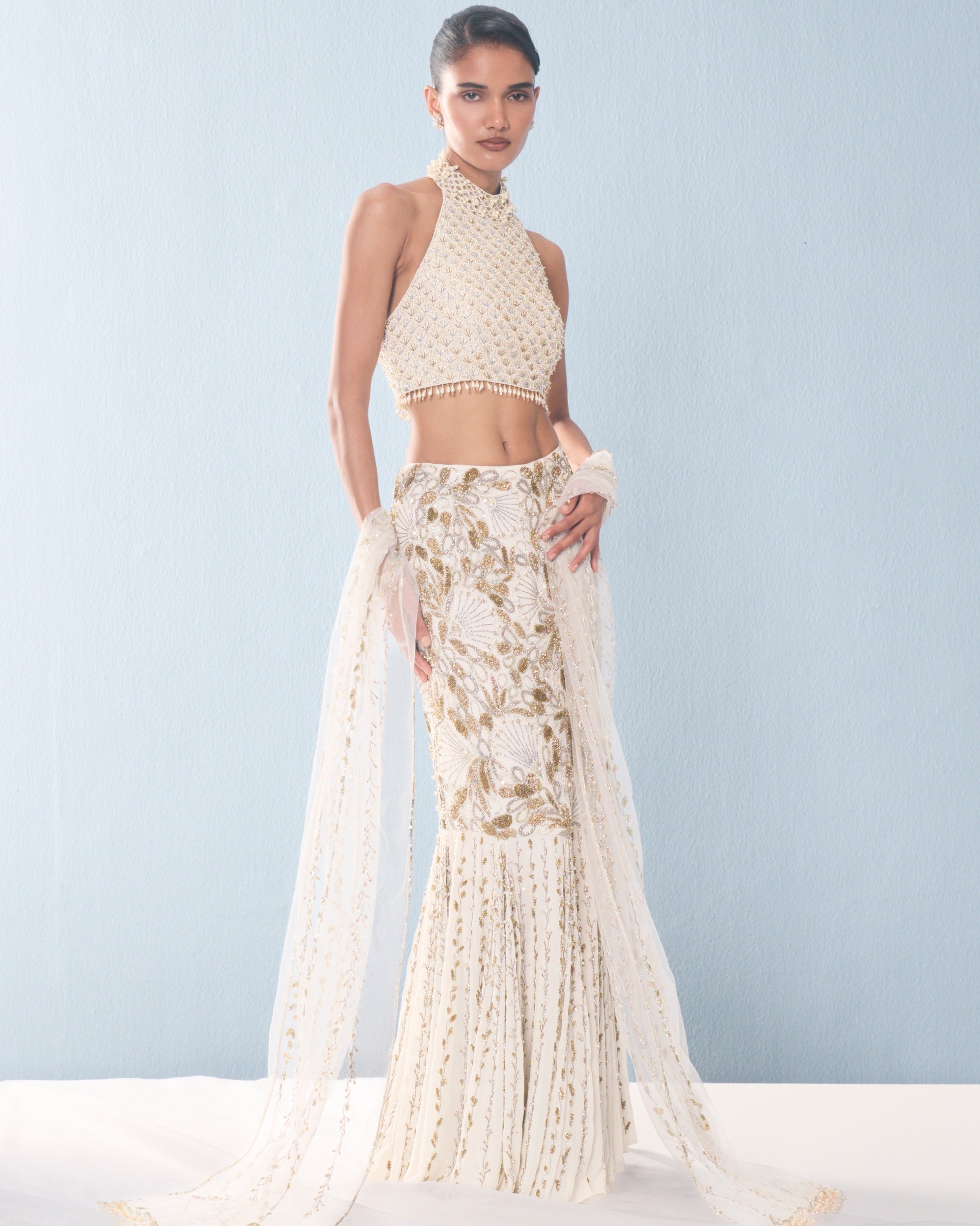 Ivory Georgette Fit And Flare Lehenga Set