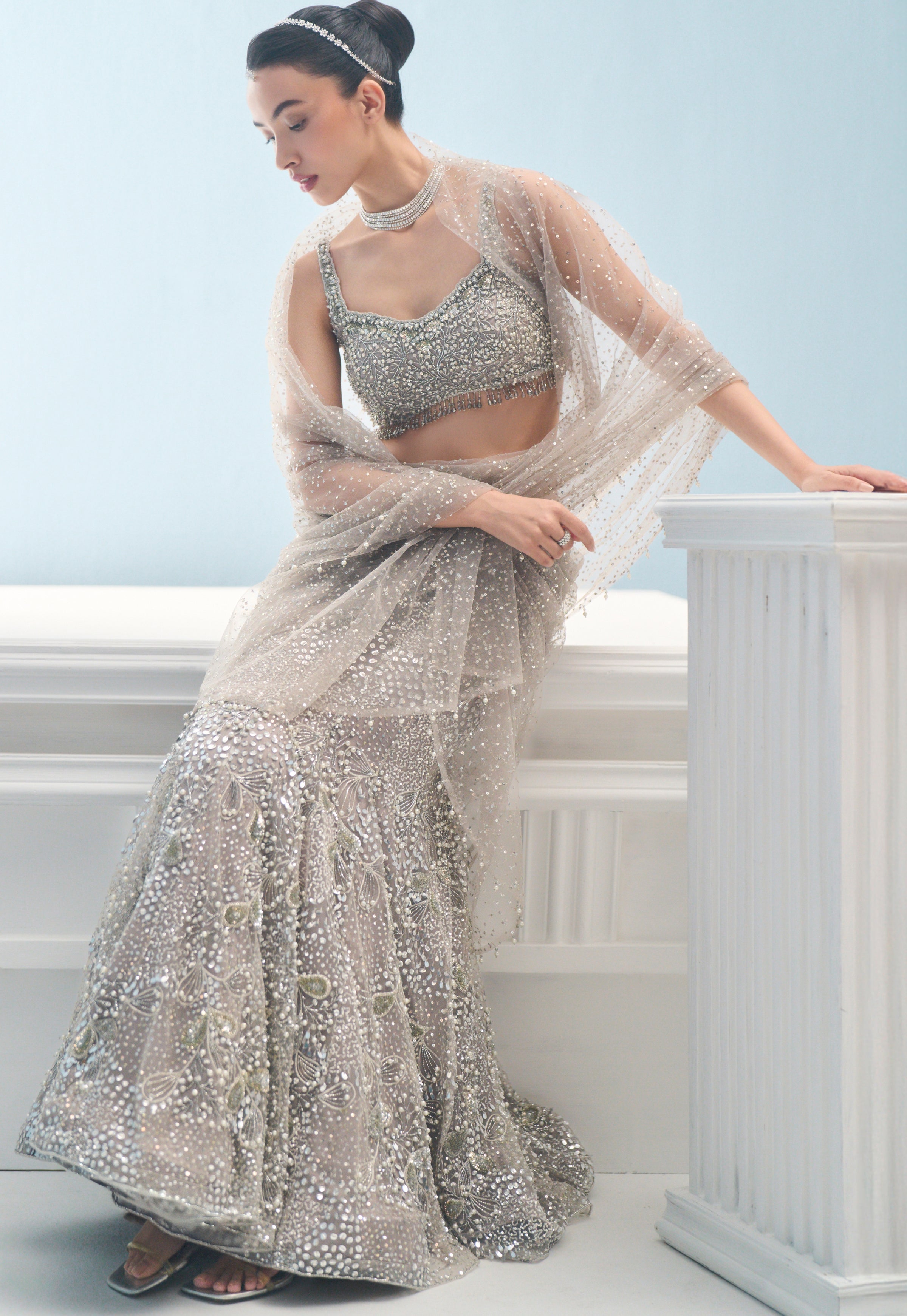 Silver Grey Tulle Drape Lehenga Set