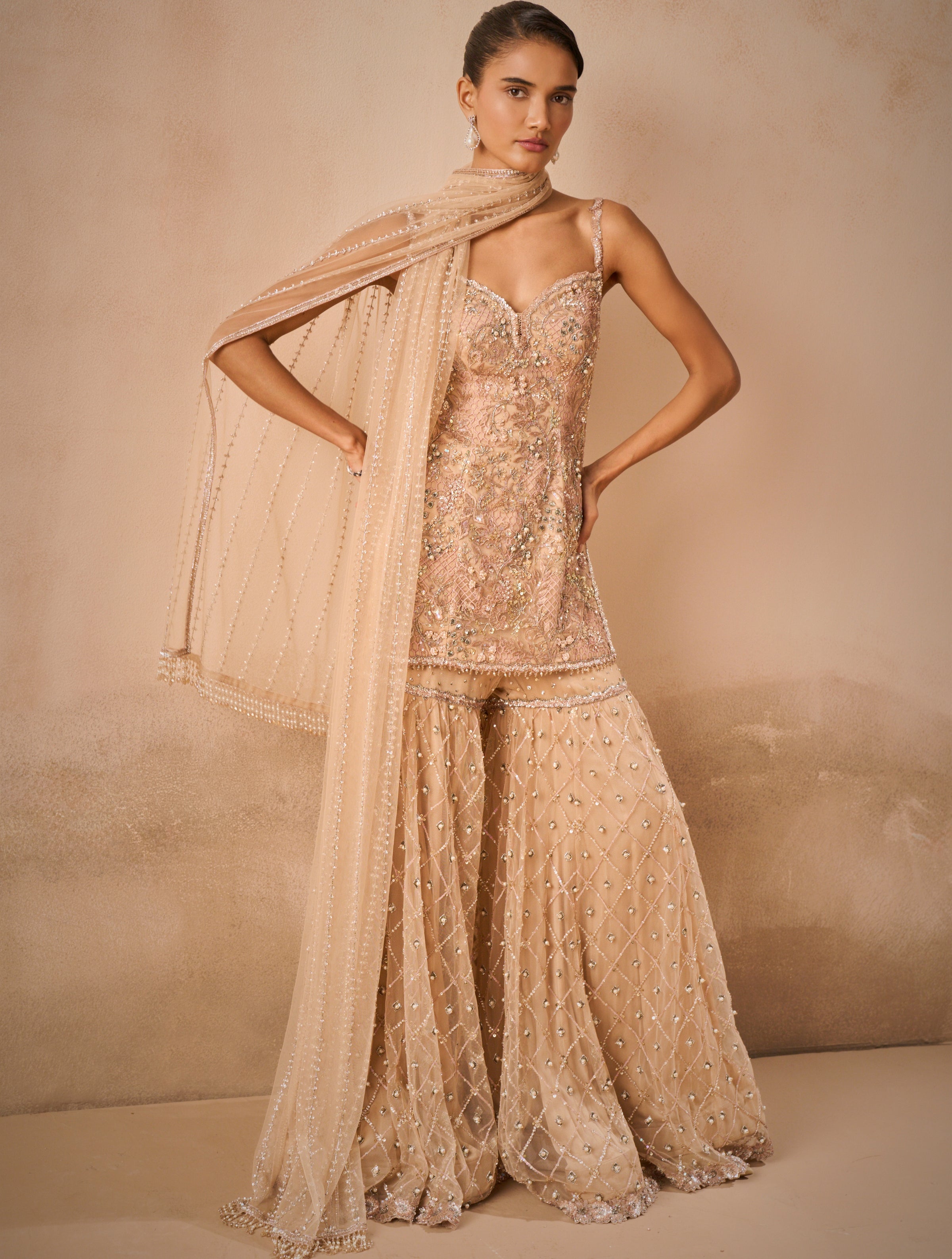 Biscuit Brown Tulle Strappy Gharara Set