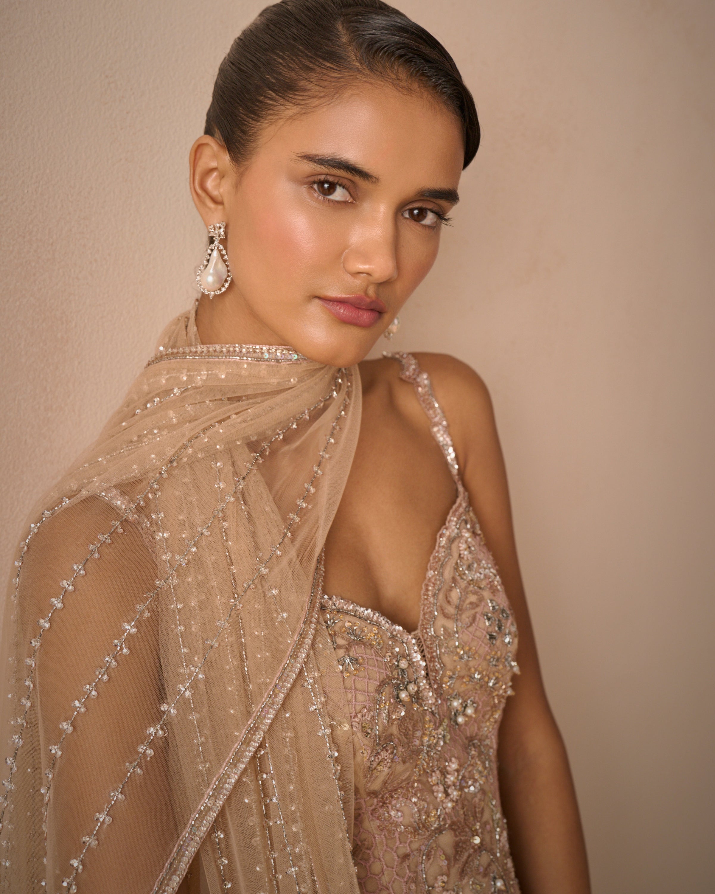 Biscuit Brown Tulle Strappy Gharara Set