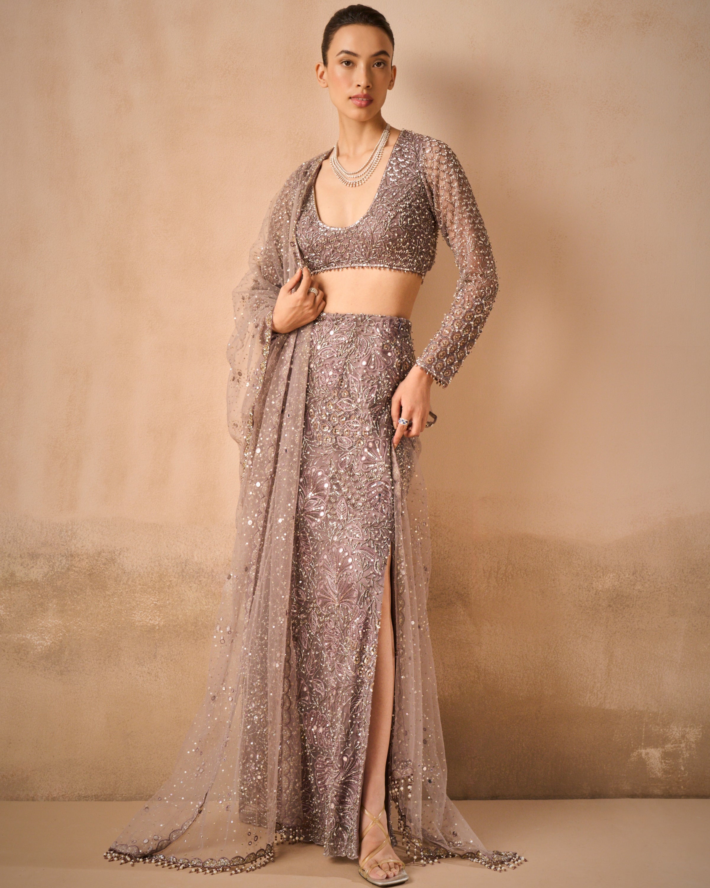 Lilac Tulle Straight Skirt With Slit