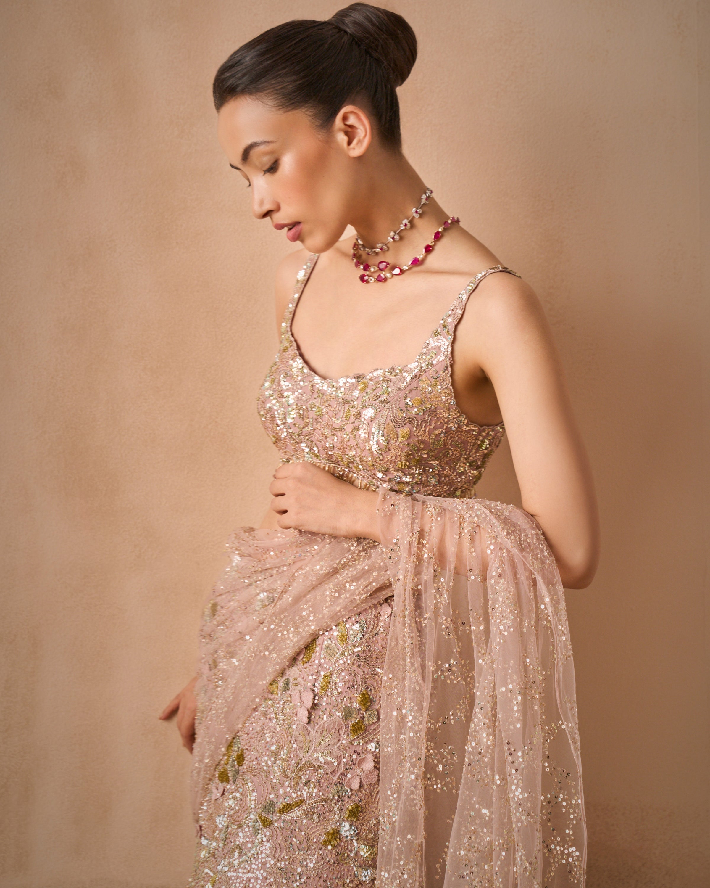 Rose Pink Georgette Sparkle Drape Lehenga Set