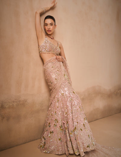 Rose Pink Georgette Sparkle Drape Lehenga Set