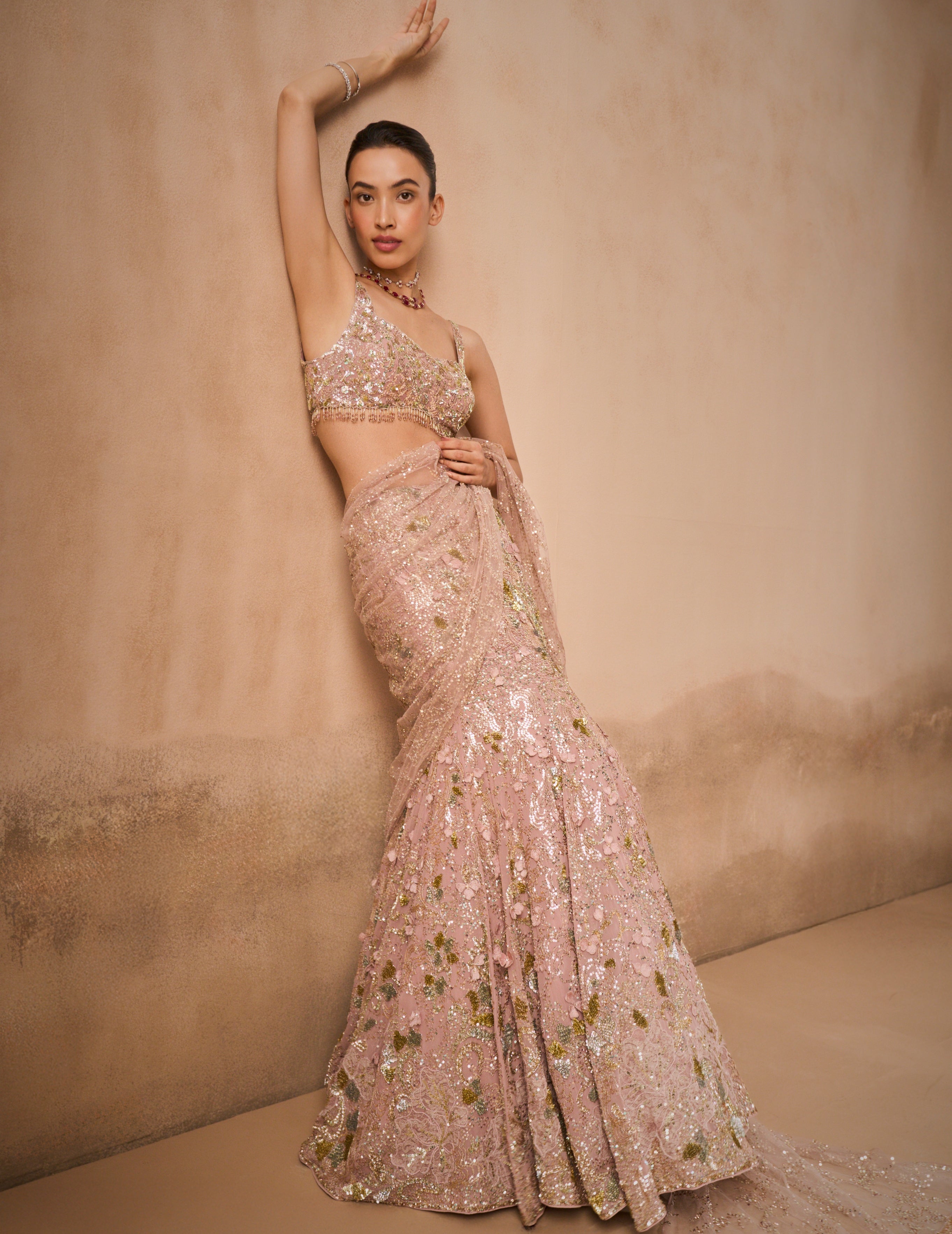 Rose Pink Georgette Sparkle Drape Lehenga Set