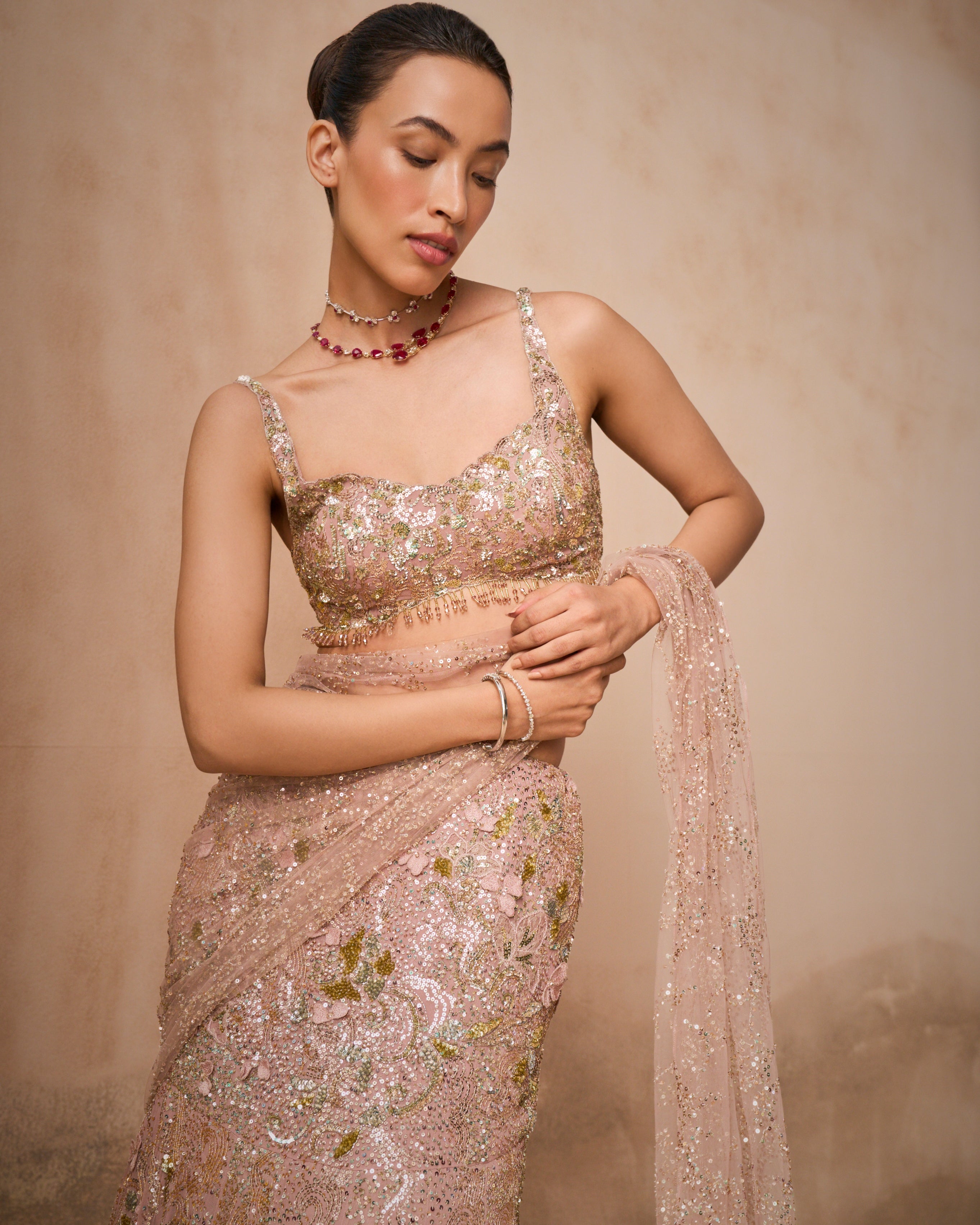 Rose Pink Georgette Sparkle Drape Lehenga Set