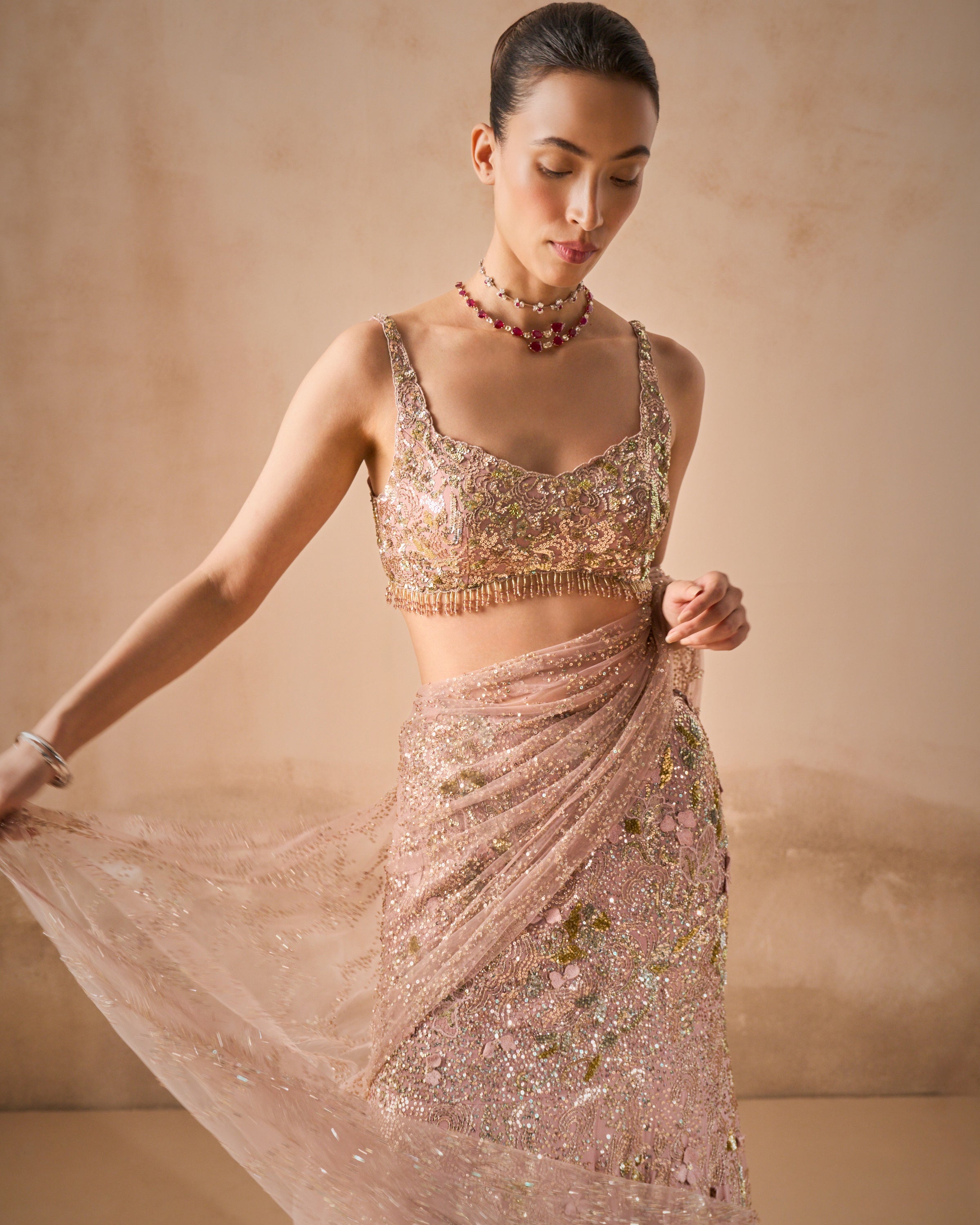 Rose Pink Georgette Sparkle Drape Lehenga Set