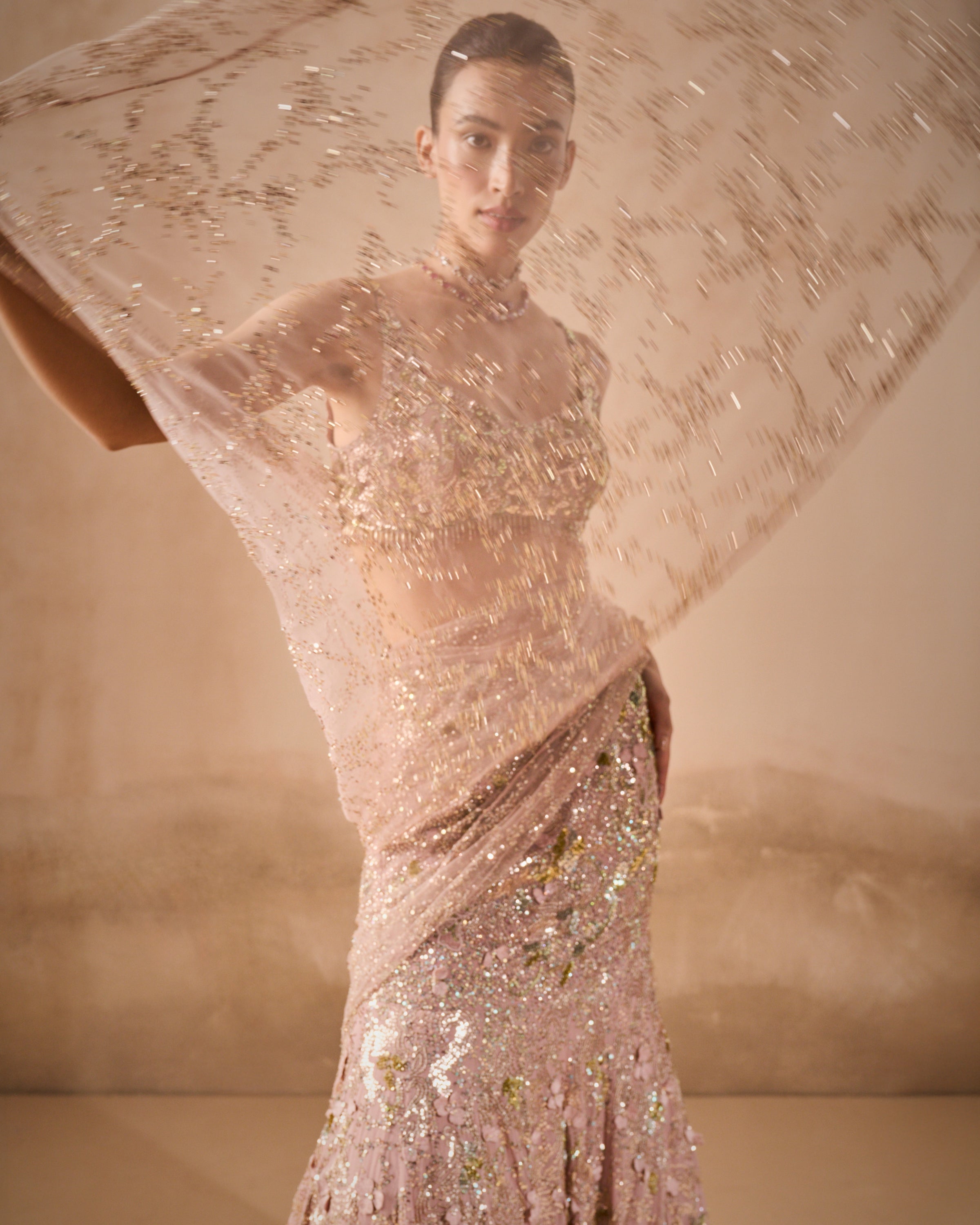 Rose Pink Georgette Sparkle Drape Lehenga Set