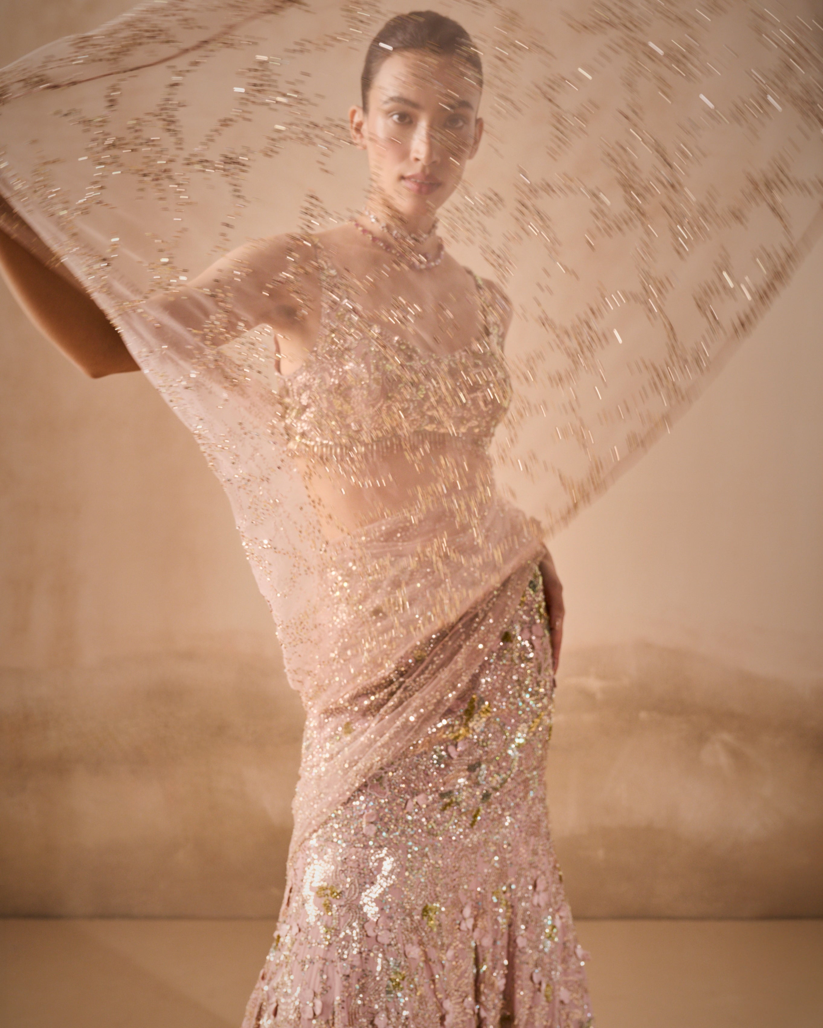 Rose Pink Georgette Sparkle Drape Lehenga Set