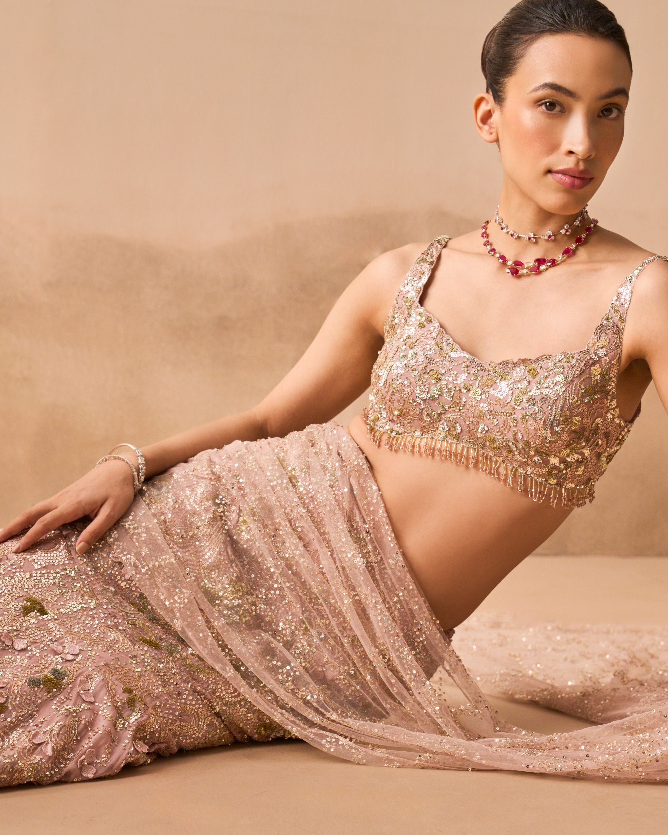 Rose Pink Georgette Sparkle Drape Lehenga Set