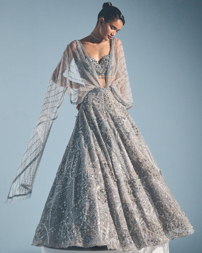 Grey Tulle Lehenga Set