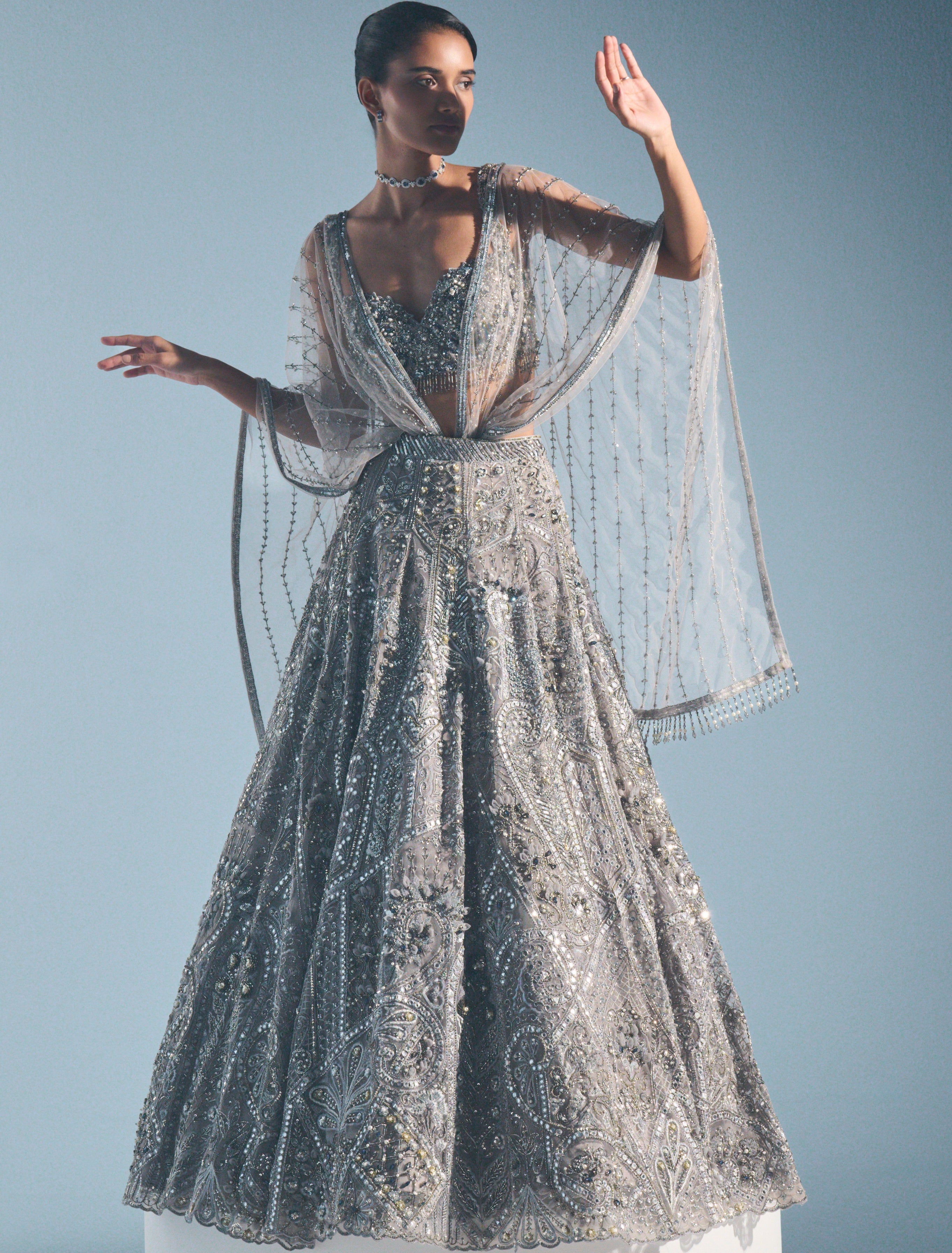 Grey Tulle Lehenga Set