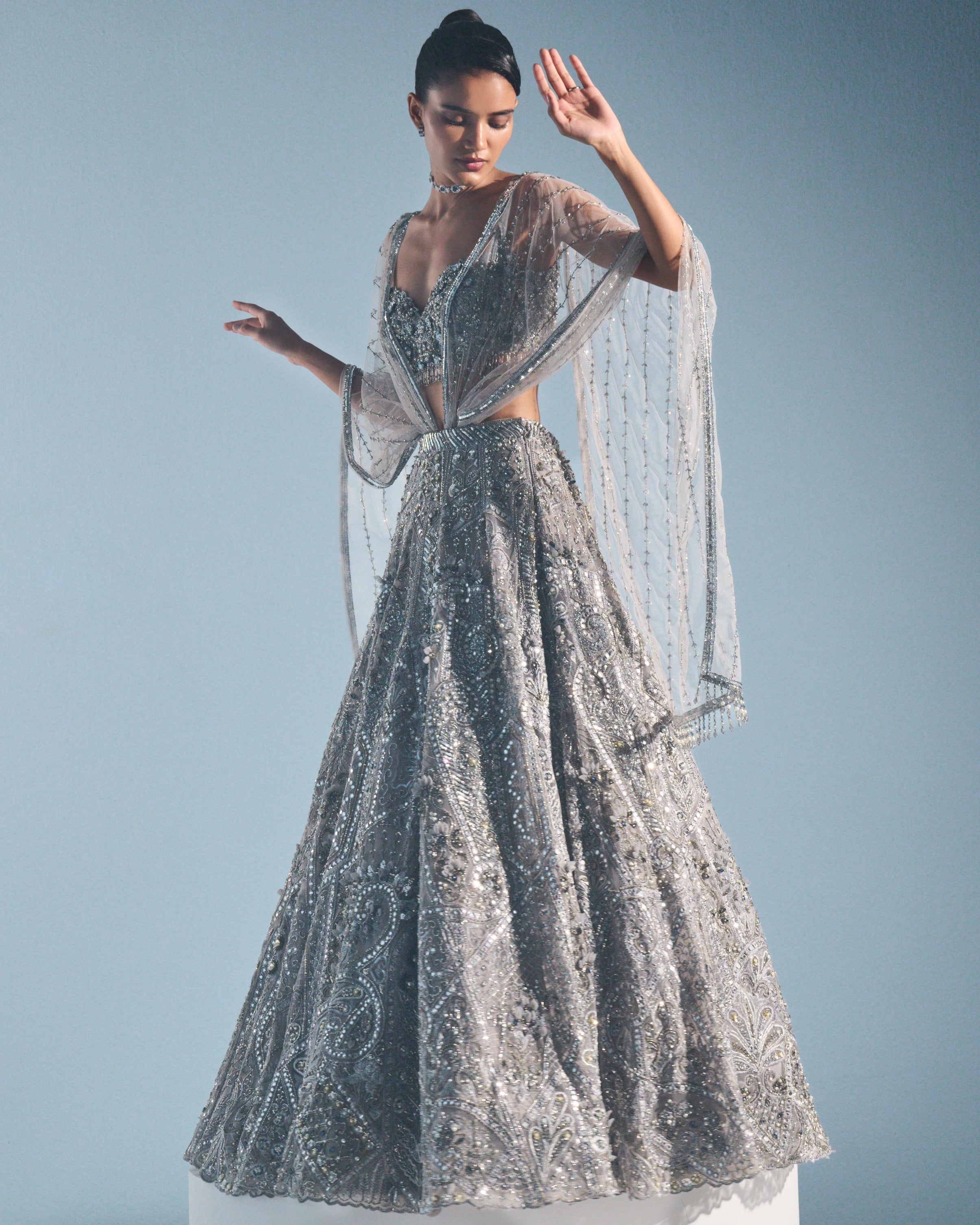 Grey Tulle Lehenga Set