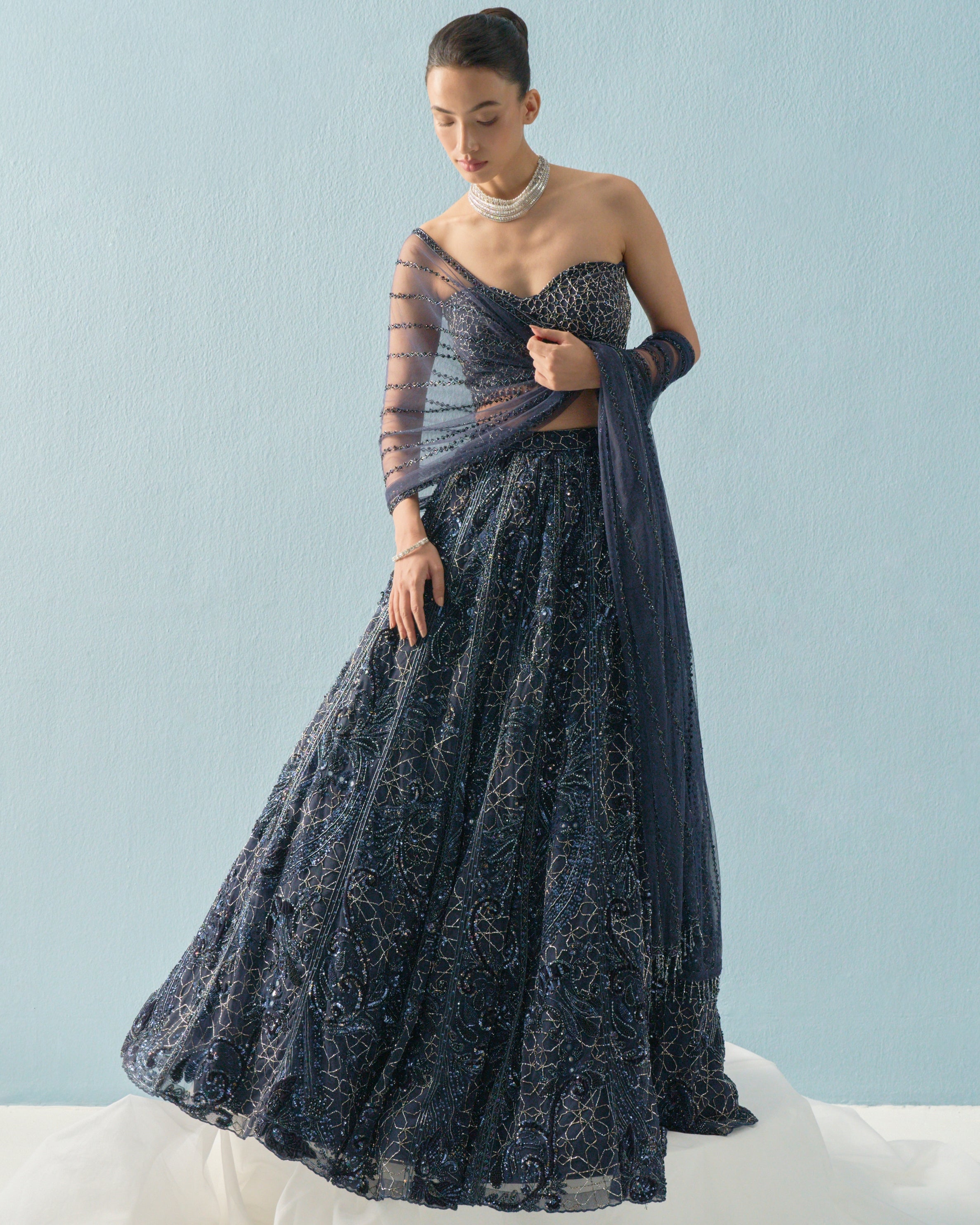 Navy Blue Tulle Lehenga Set