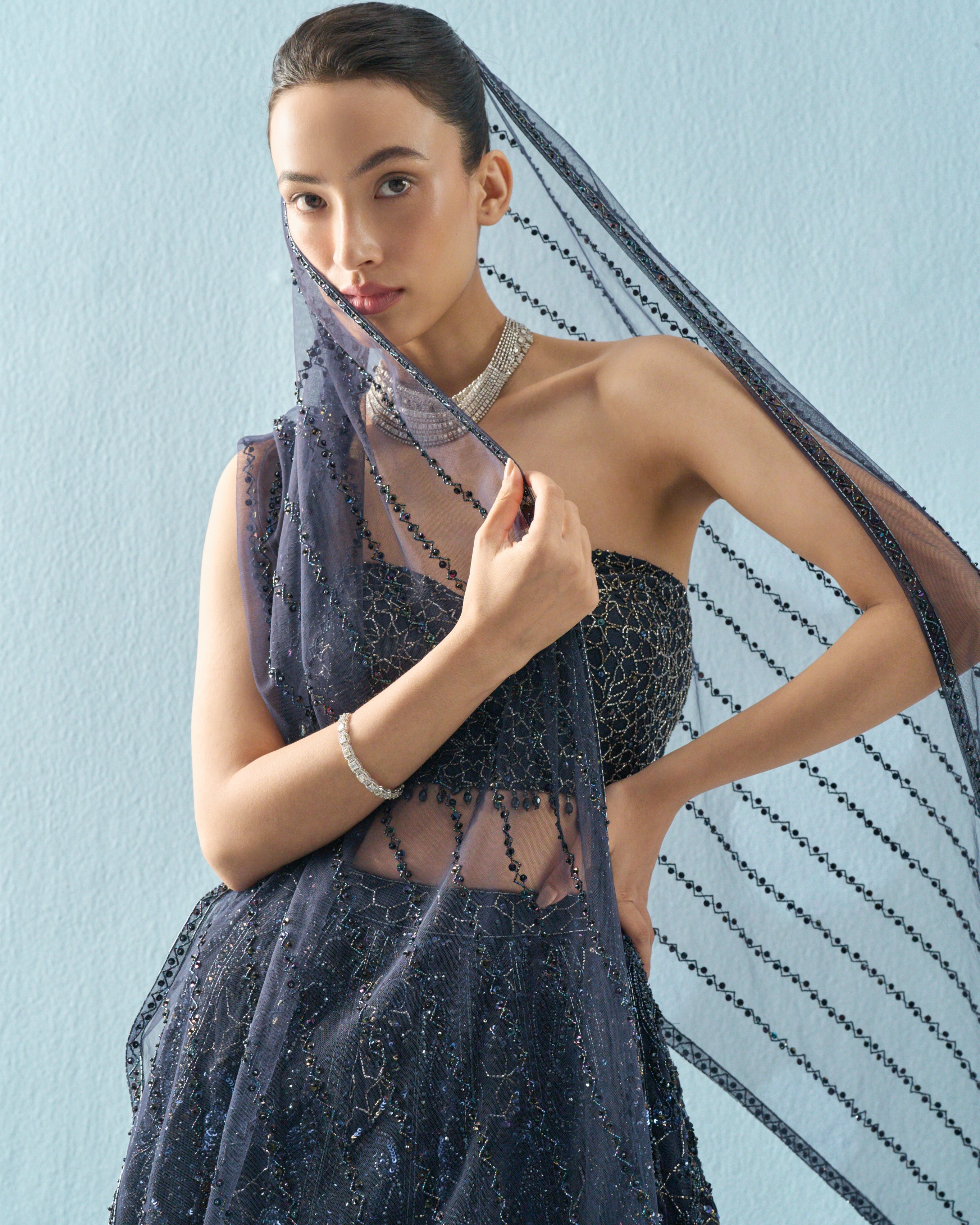 Navy Blue Tulle Lehenga Set