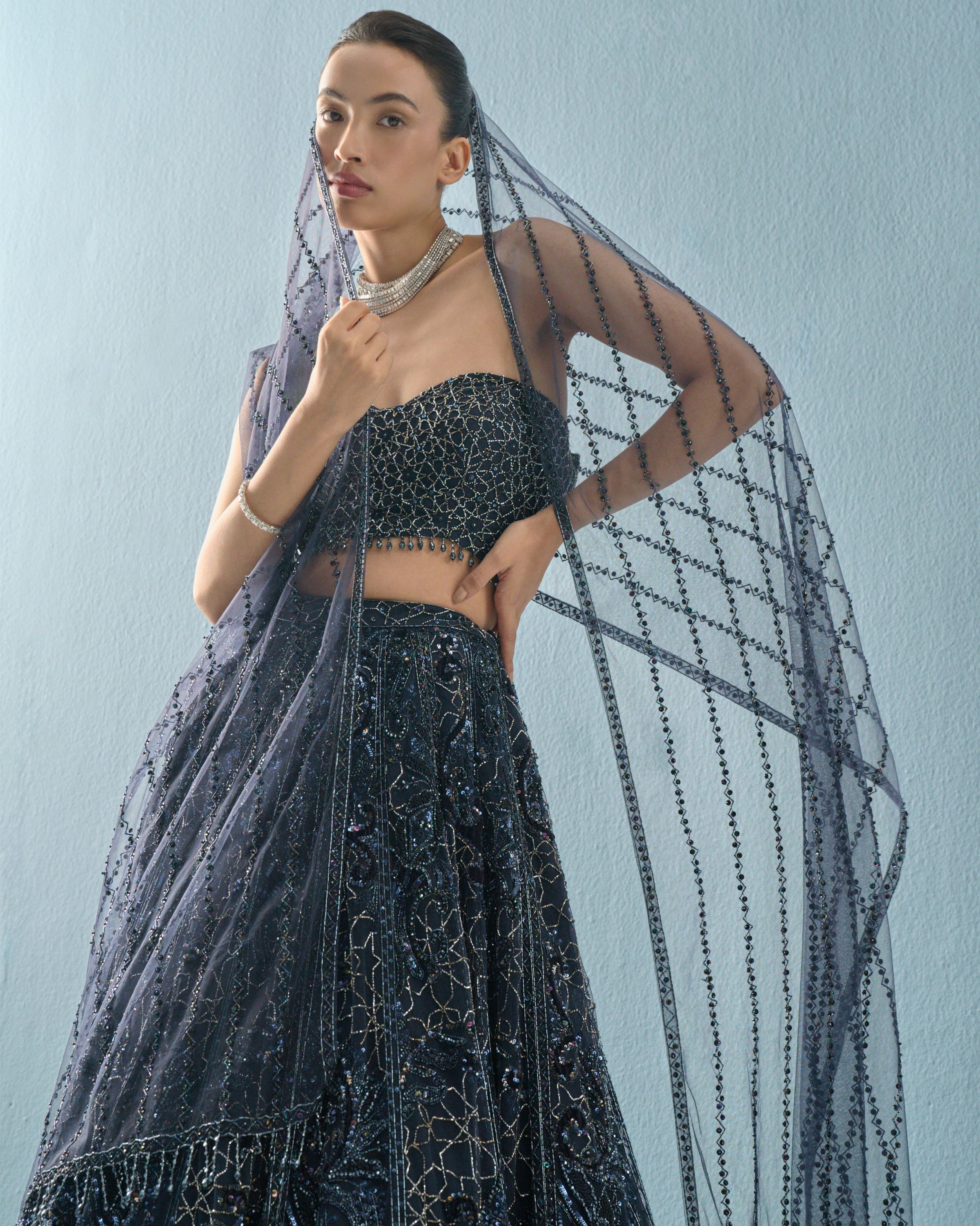 Navy Blue Tulle Lehenga Set