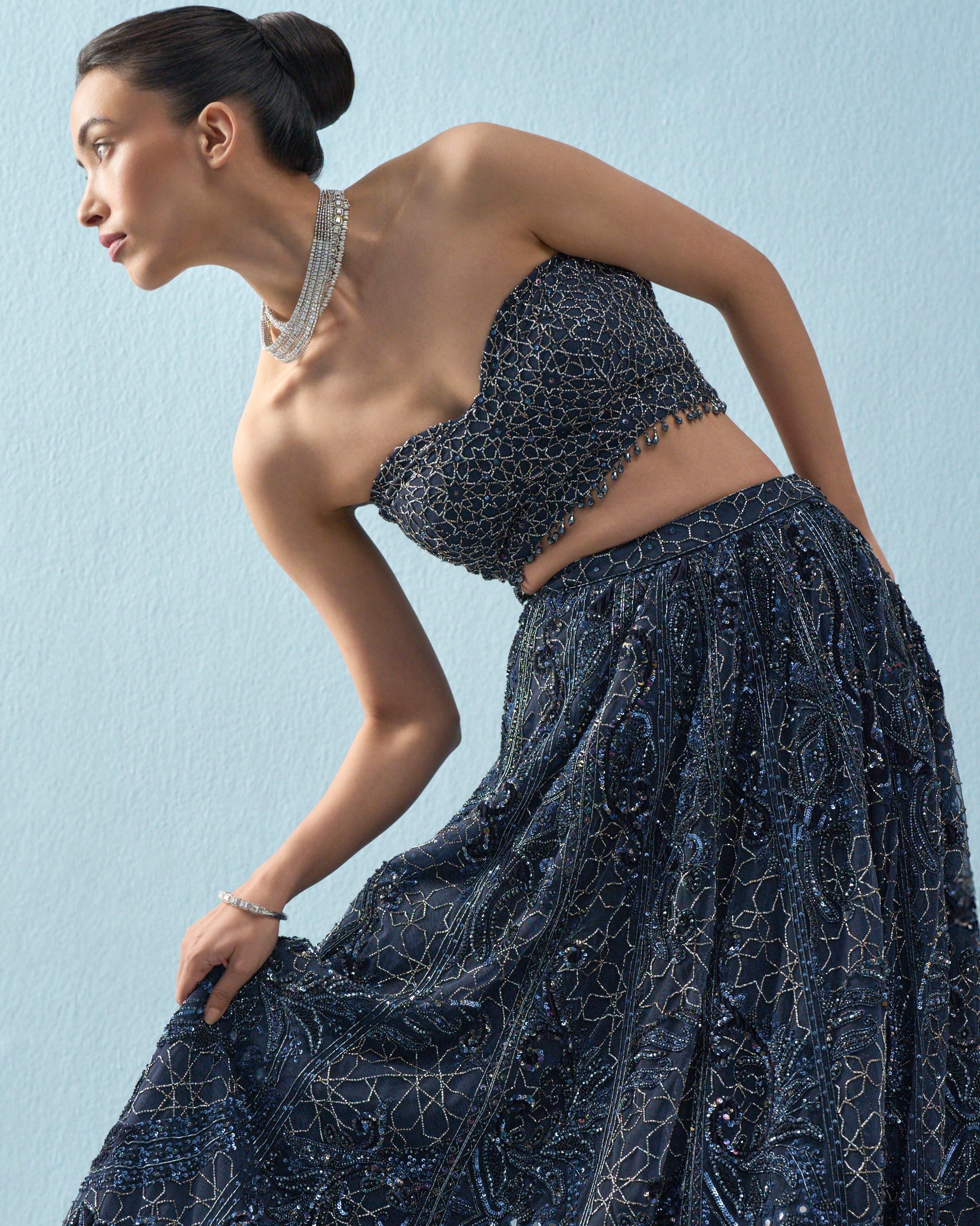 Navy Blue Tulle Lehenga Set