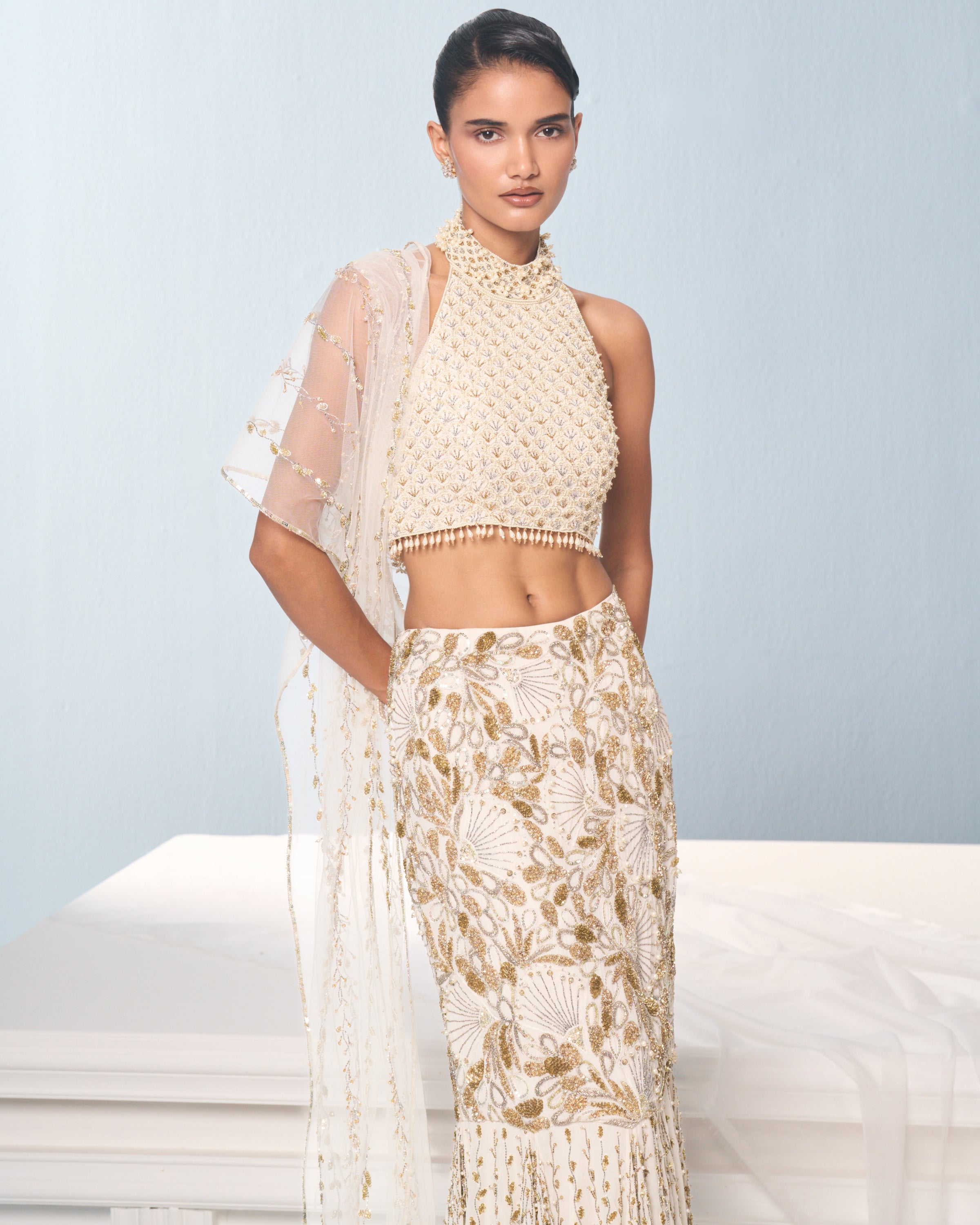Ivory Georgette Fit And Flare Lehenga Set