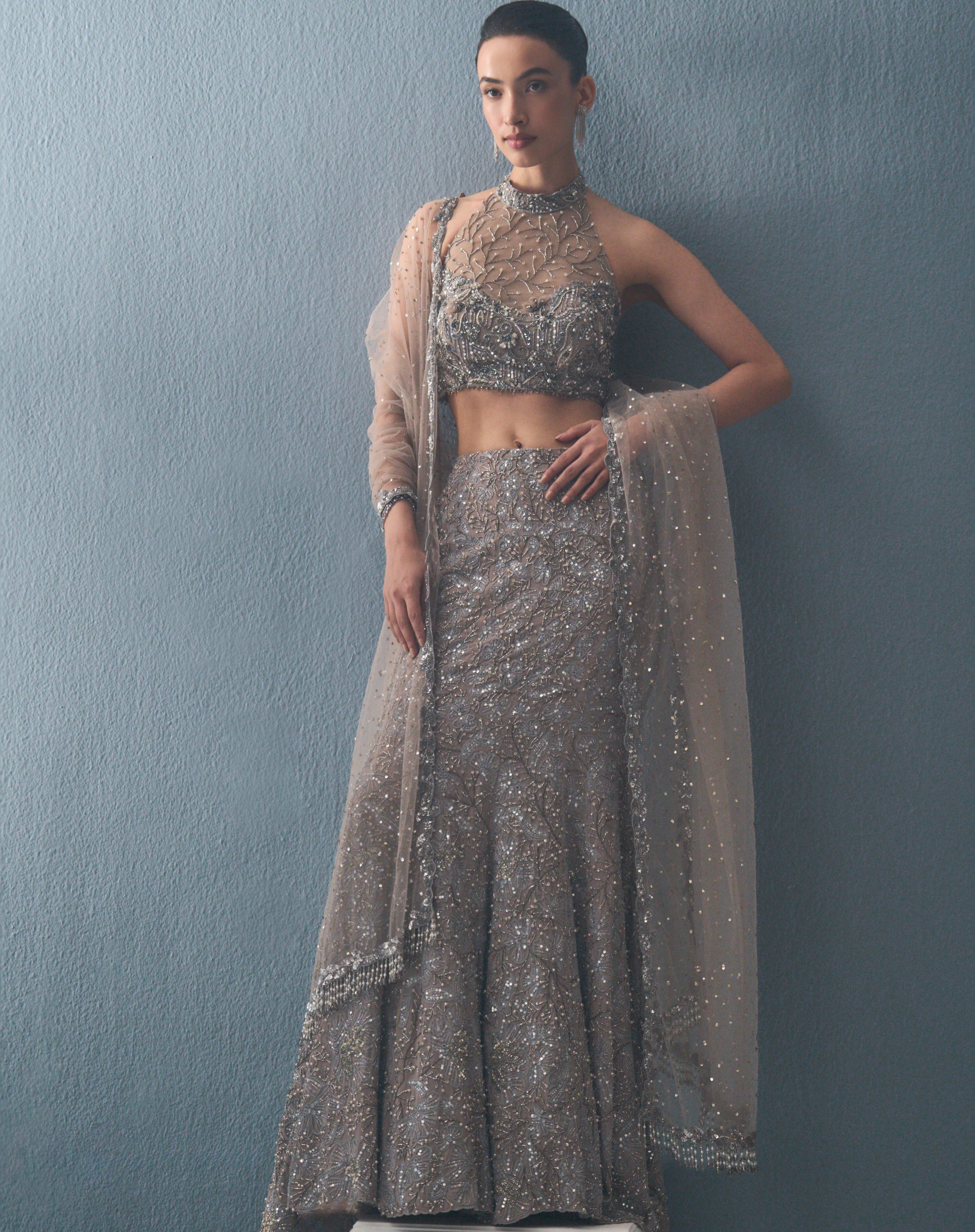 Grey Tulle Fit And Flare Lehenga Set