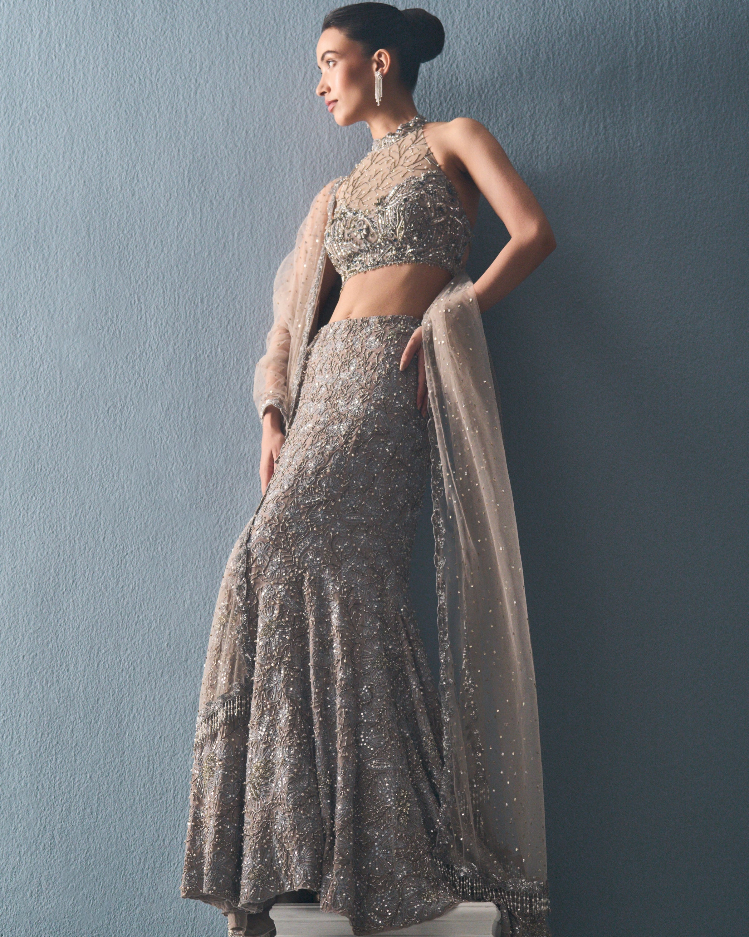 Grey Tulle Fit And Flare Lehenga Set