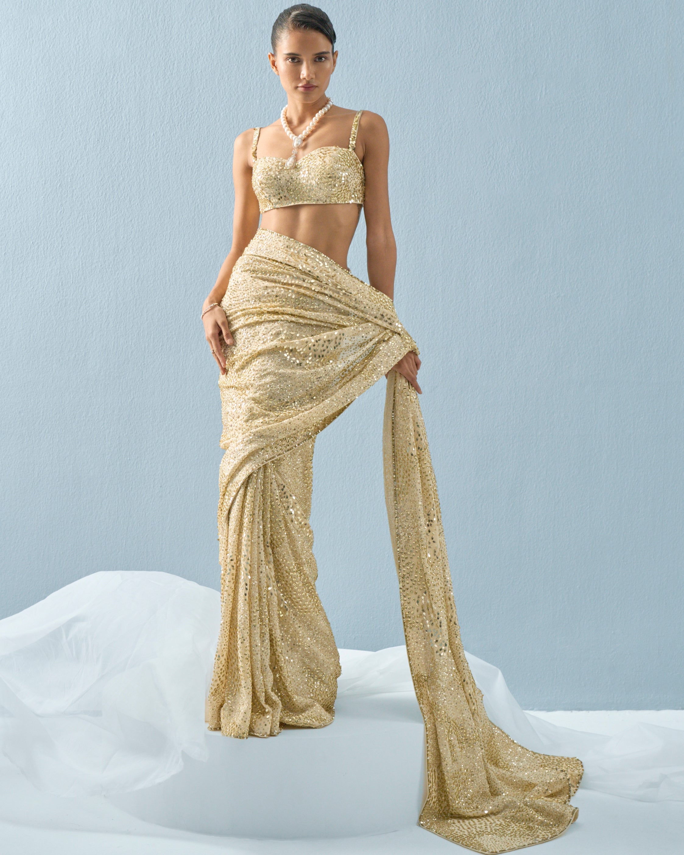 Ivory Georgette Sparkle Sari Set