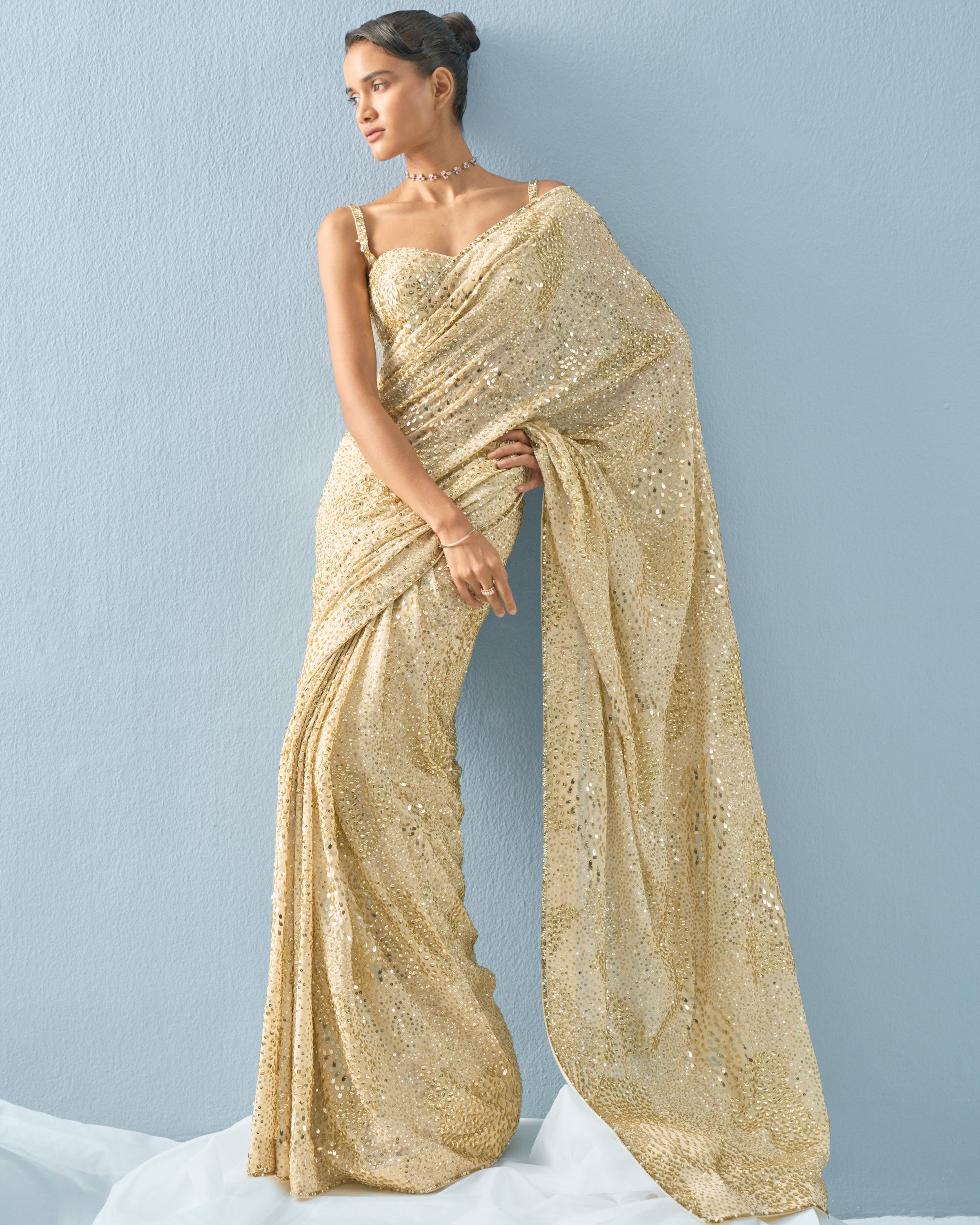 Ivory Georgette Sparkle Sari Set