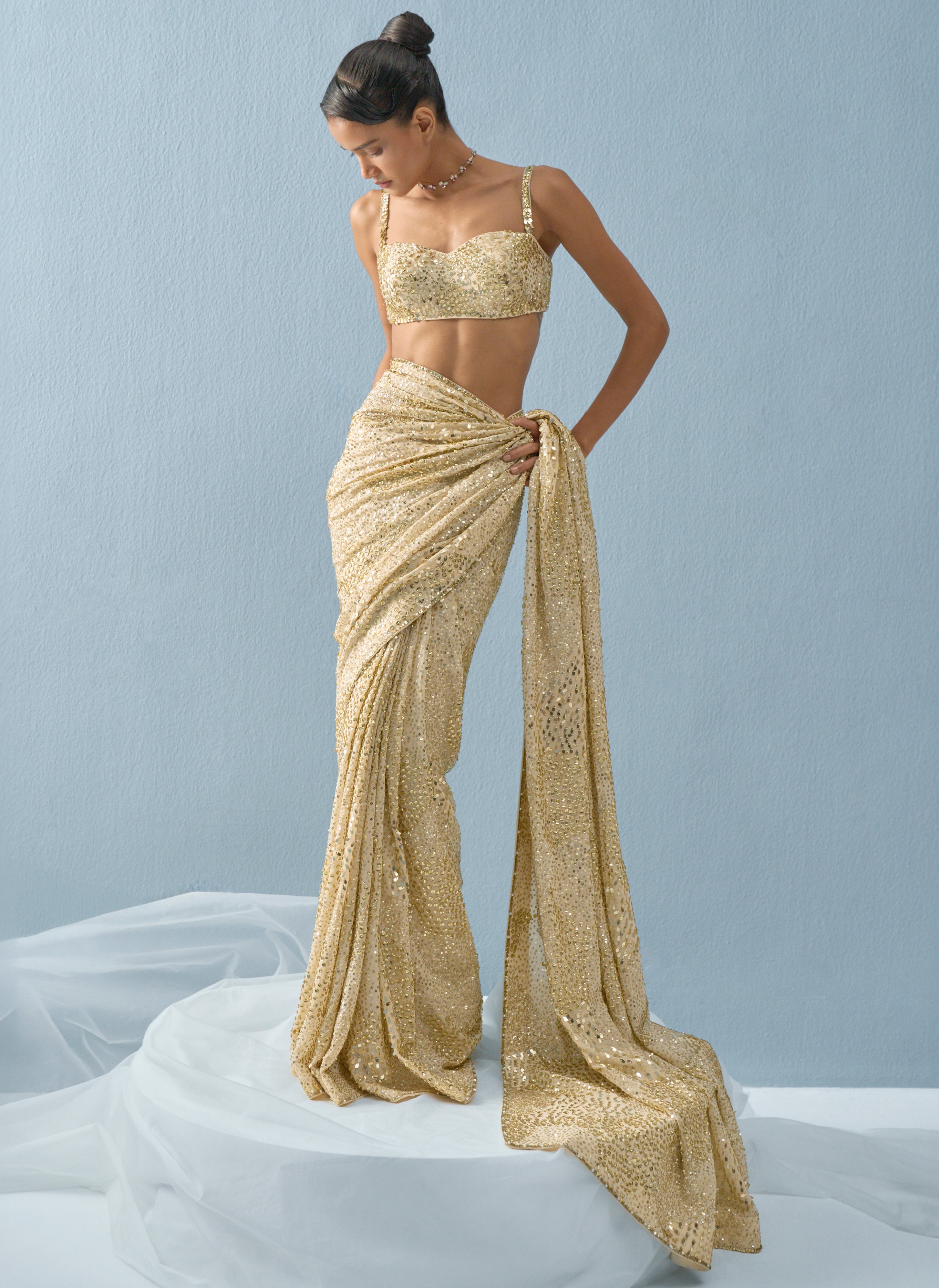 Ivory Georgette Sparkle Sari Set