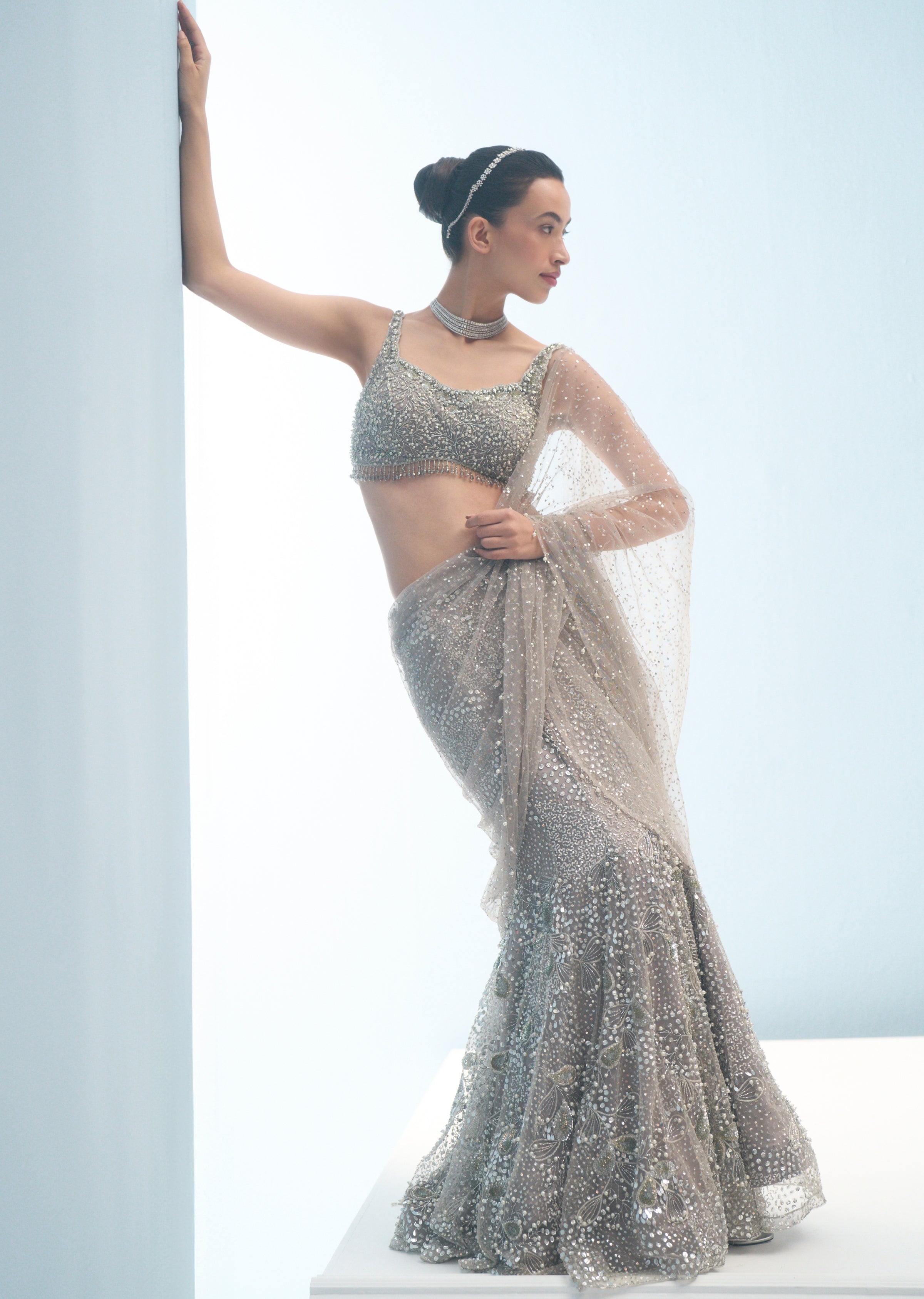 Silver Grey Tulle Drape Lehenga Set