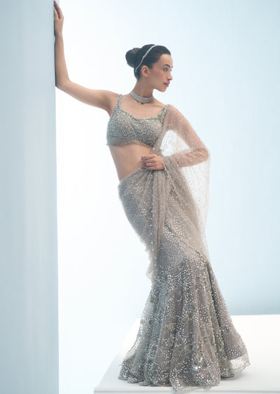 Silver Grey Tulle Drape Lehenga Set