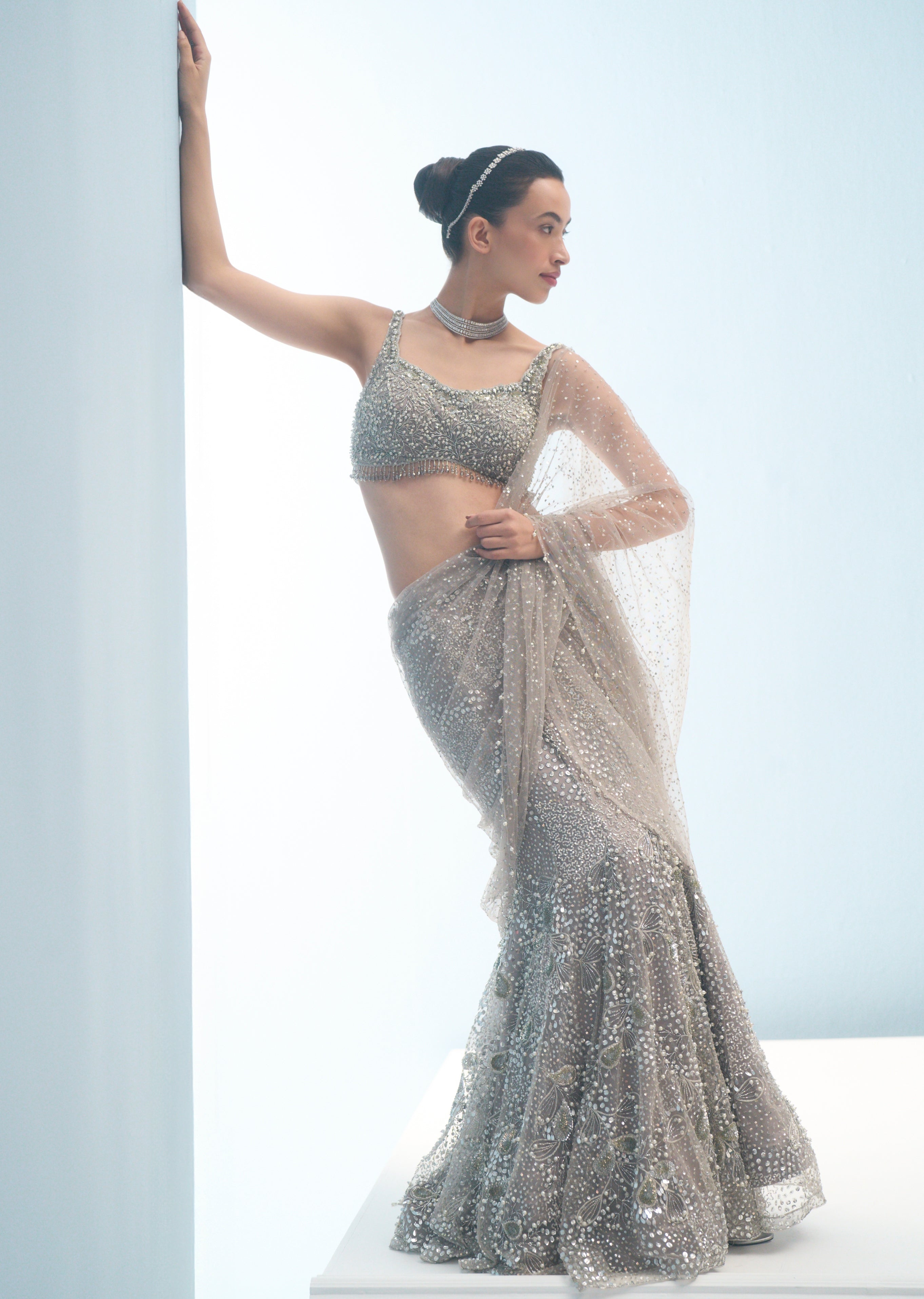 Silver Grey Tulle Drape Lehenga Set