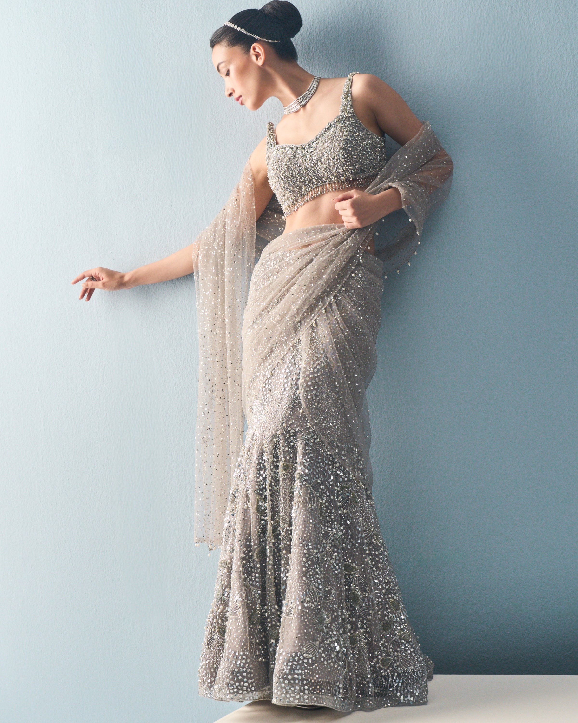 Silver Grey Tulle Drape Lehenga Set