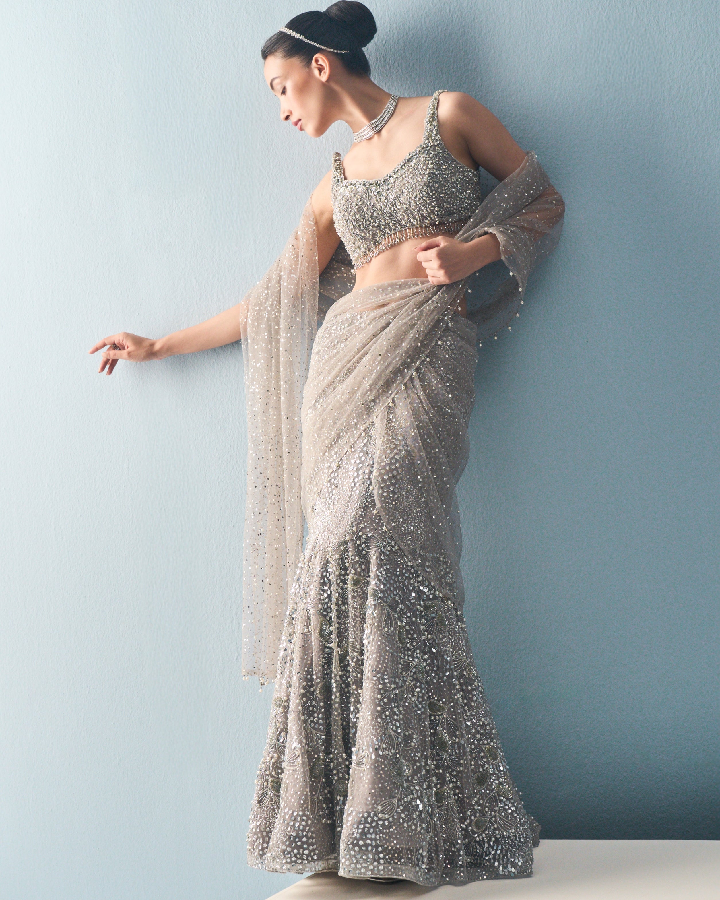 Silver Grey Tulle Drape Lehenga Set