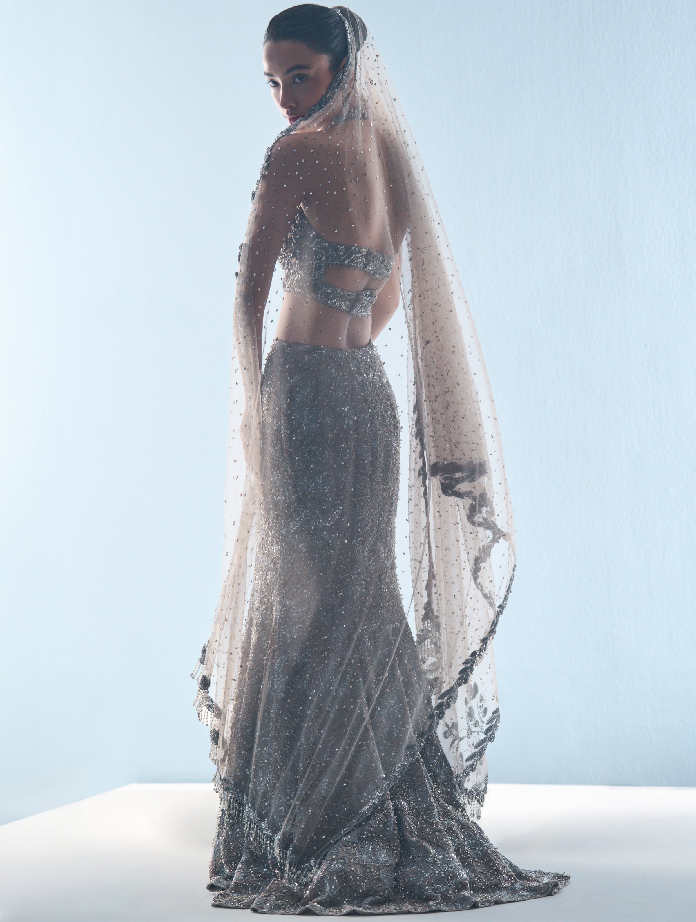 Grey Tulle Fit And Flare Lehenga Set
