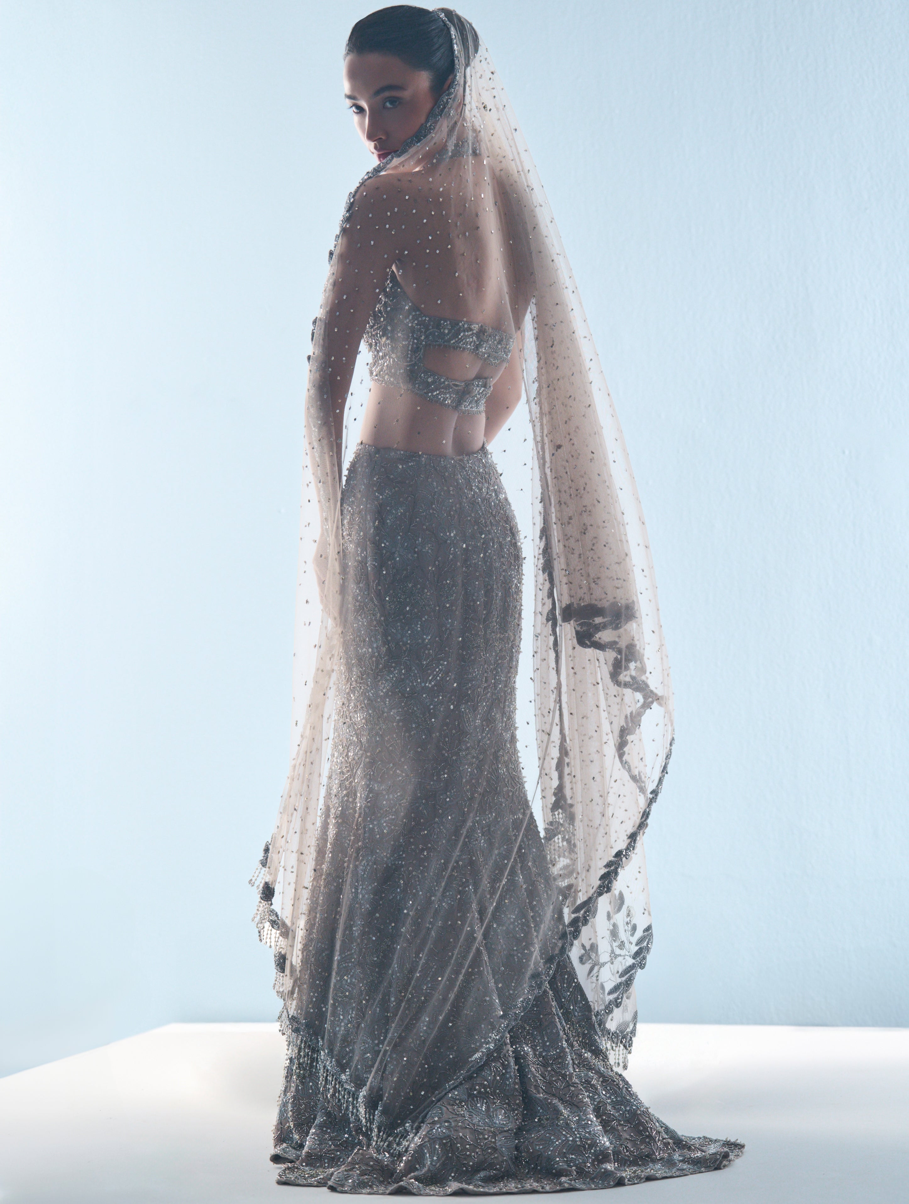 Grey Tulle Fit And Flare Lehenga Set