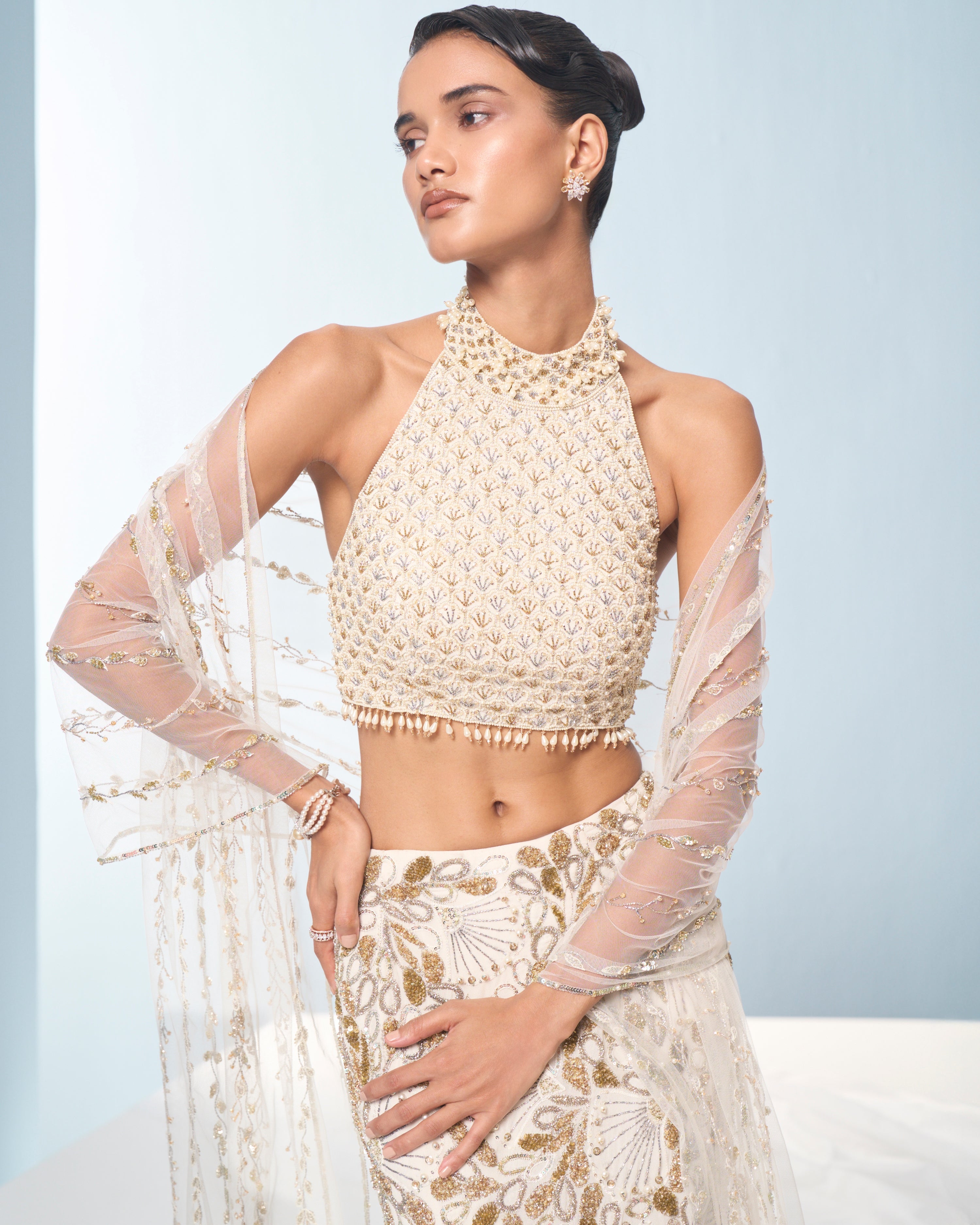Ivory Georgette Fit And Flare Lehenga Set