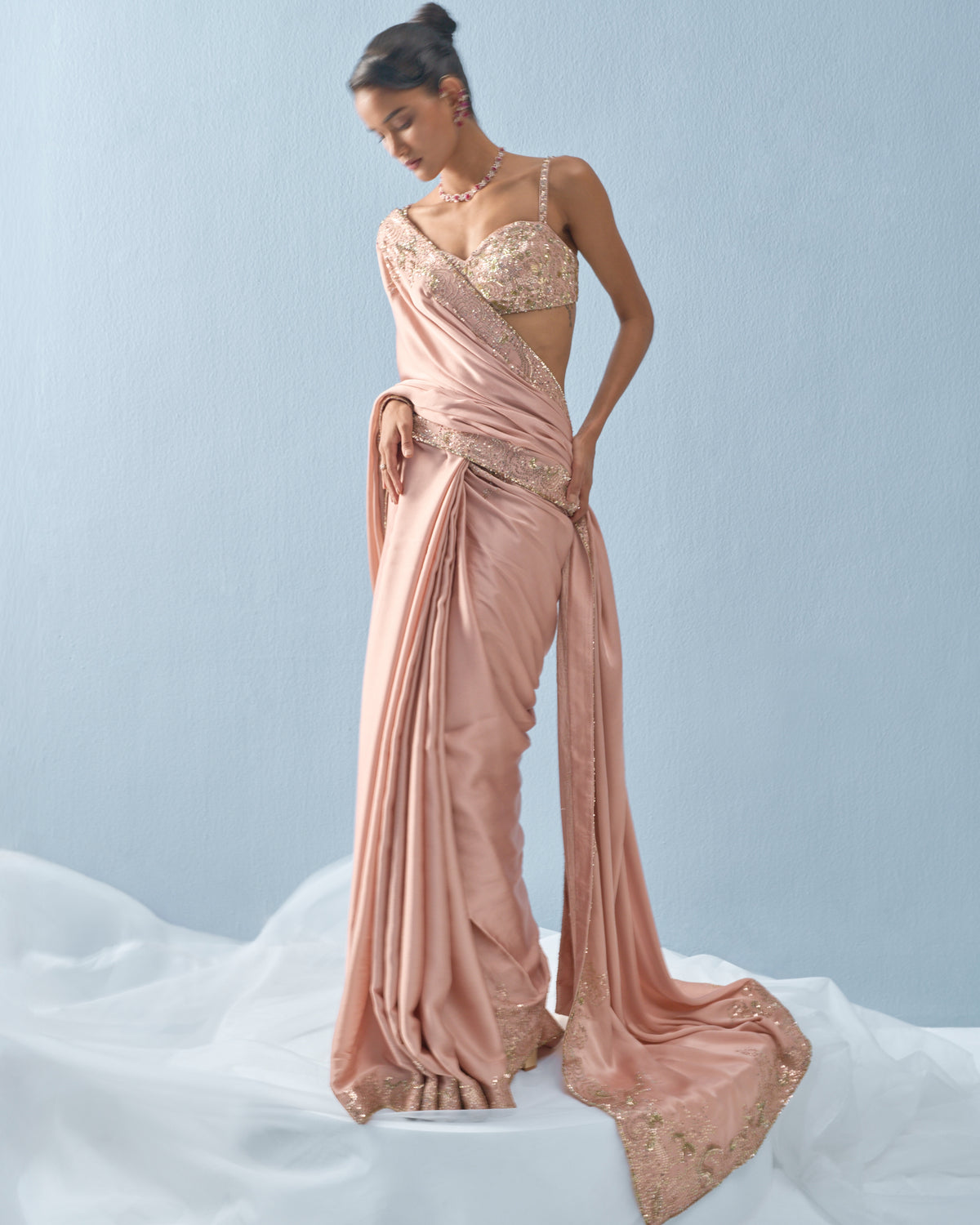 Nude Pink Satin Sari Set