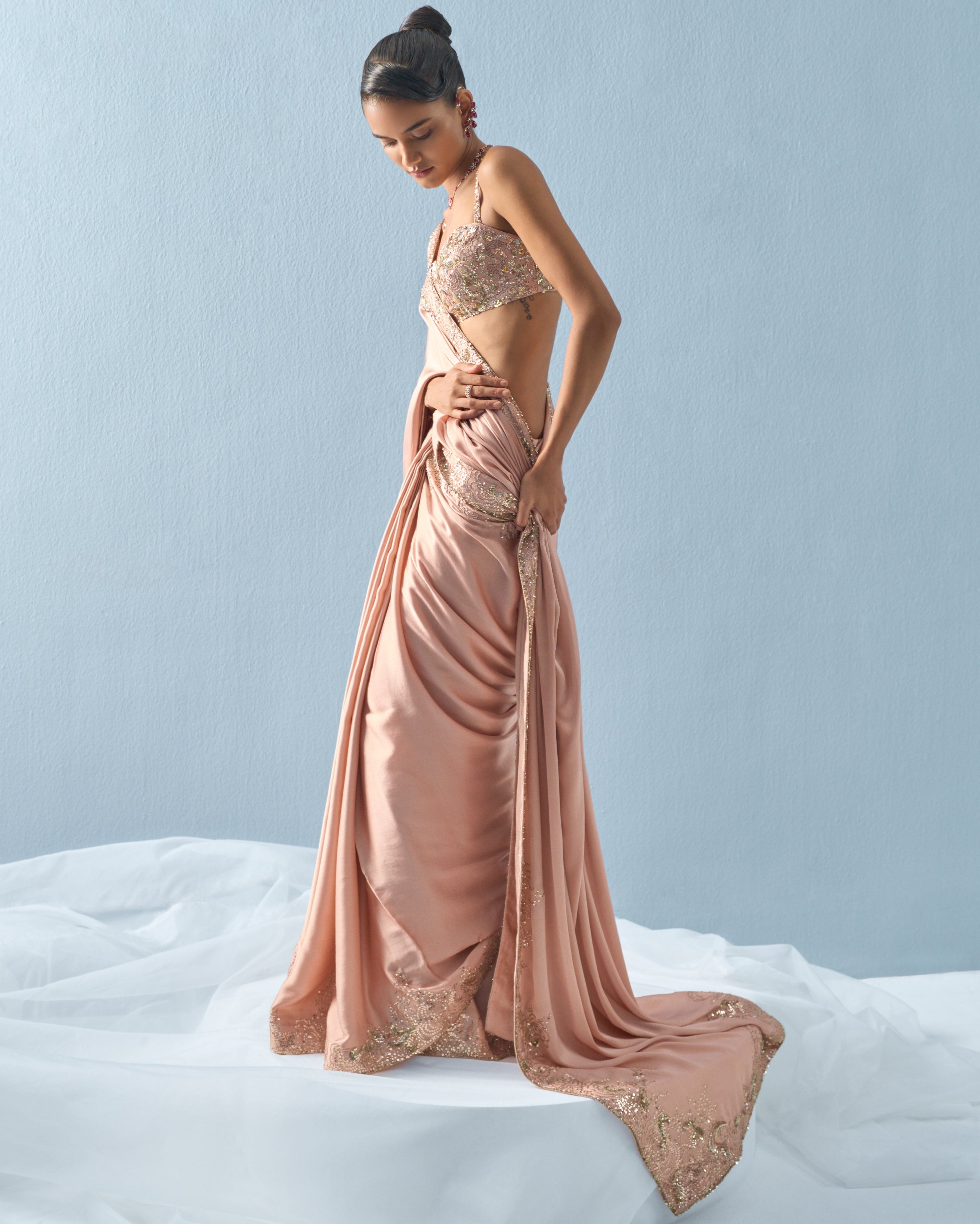 Nude Pink Satin Sari Set