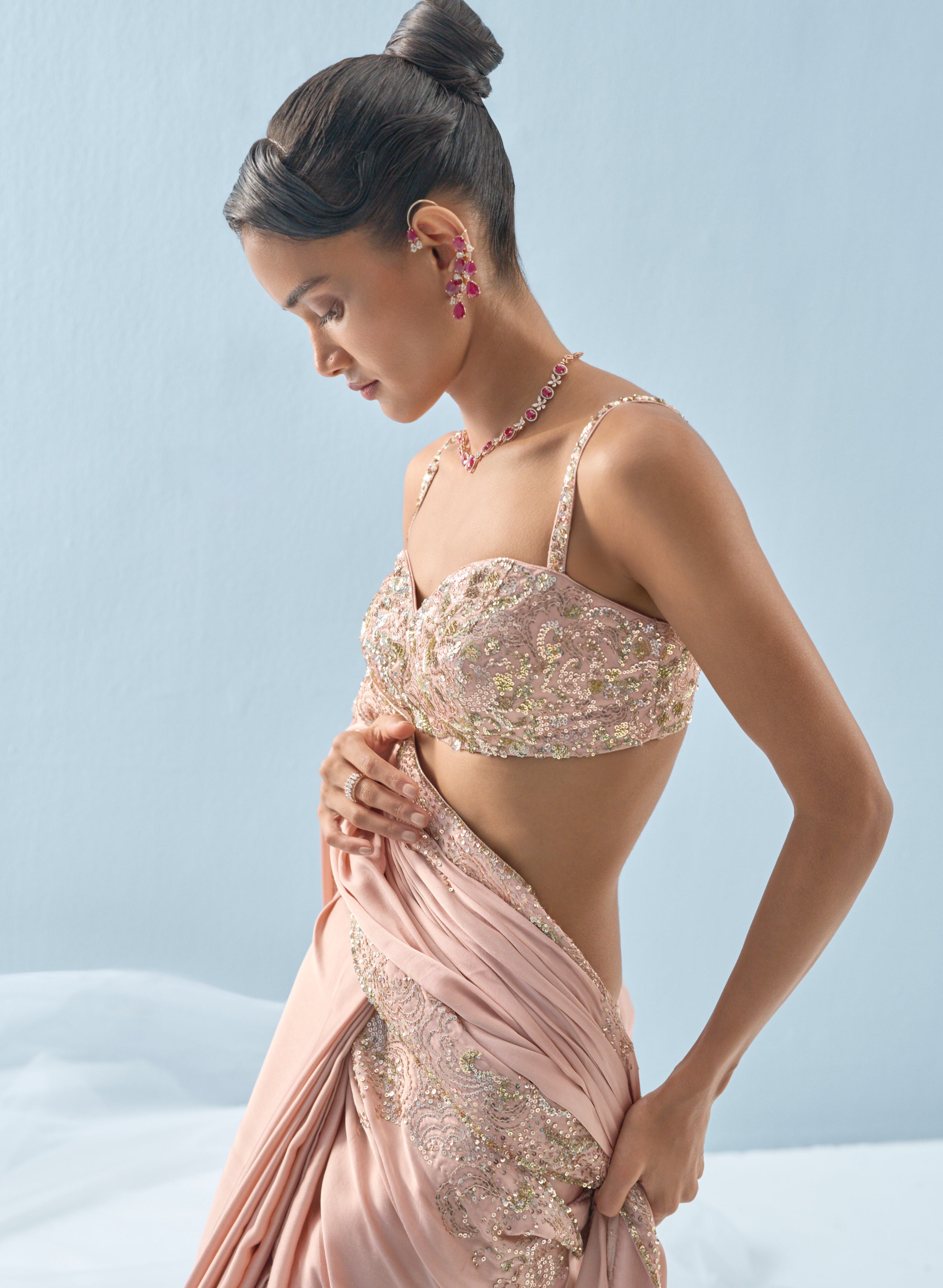 Nude Pink Satin Sari Set