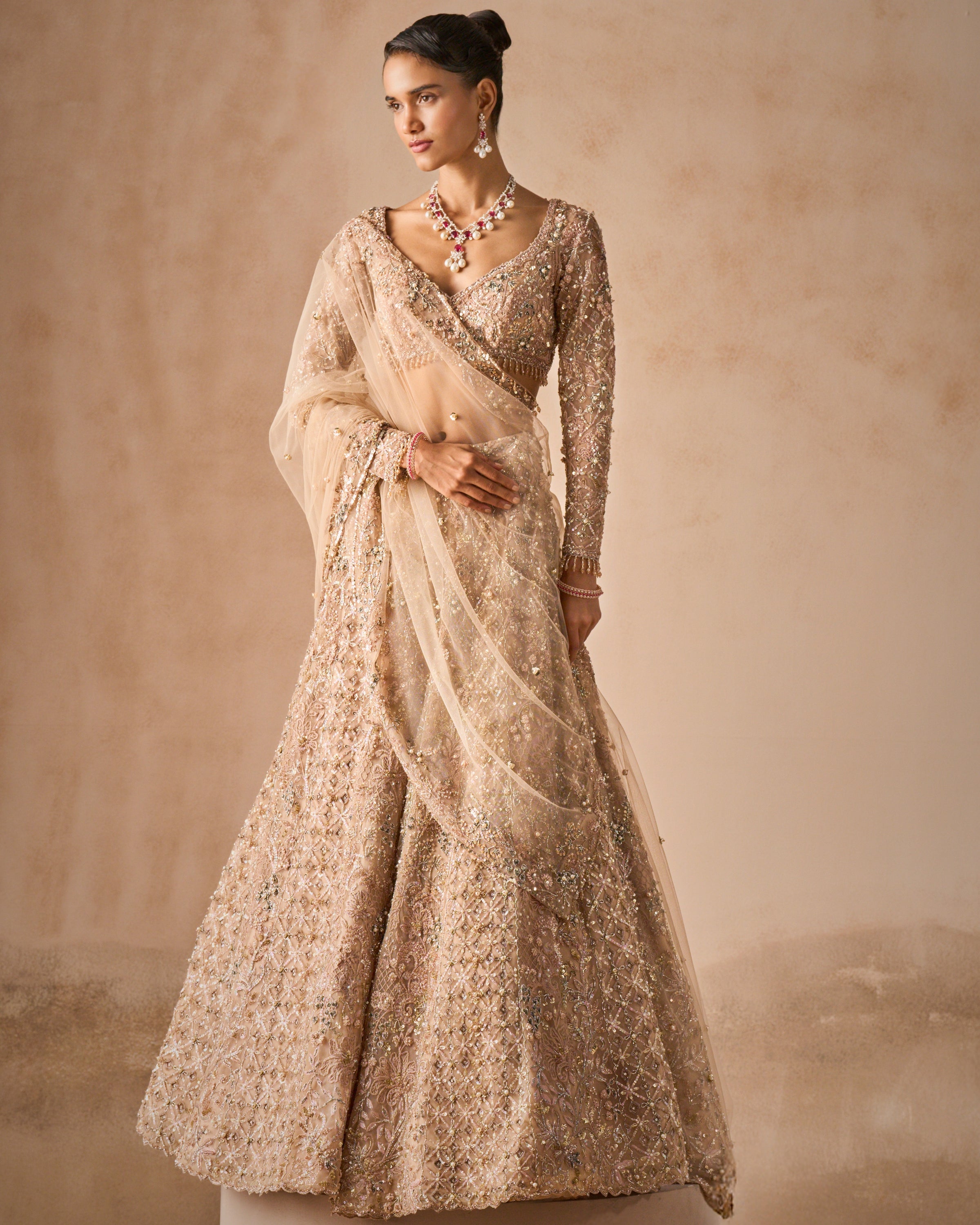 Beige Nude Tulle Lehenga Set